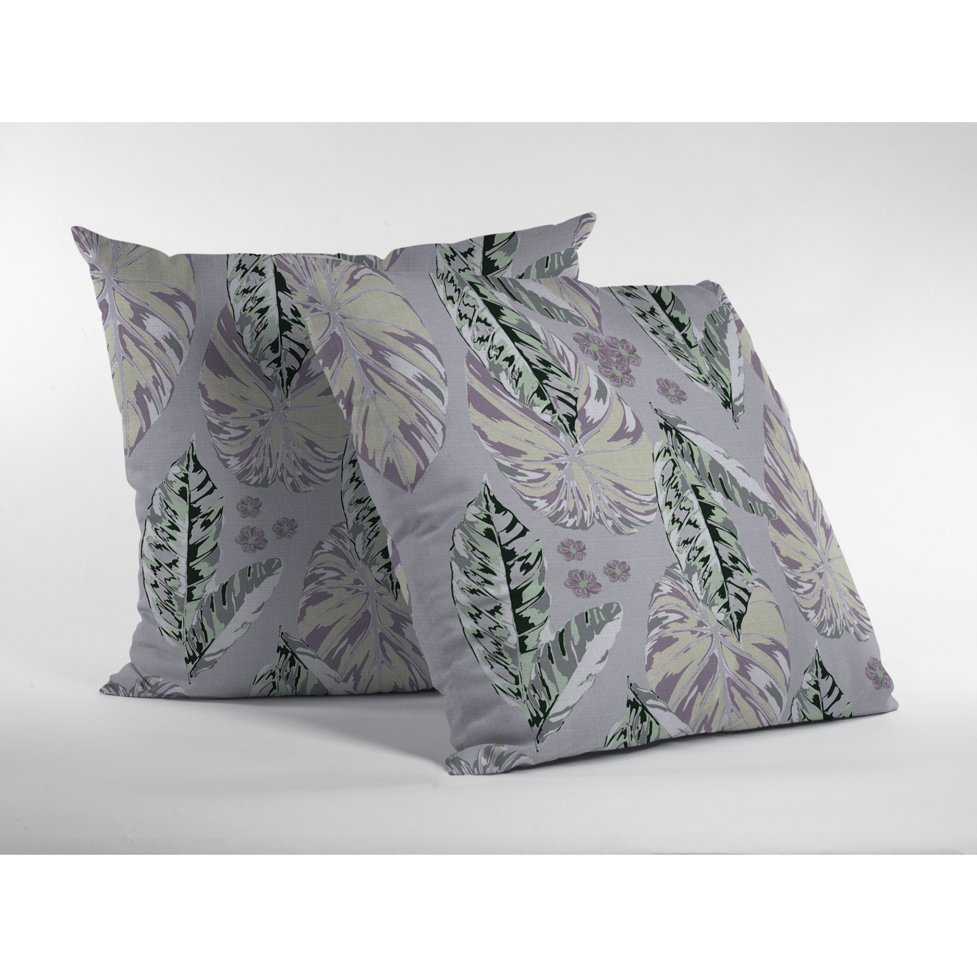 Tropics Suede Blown and Closed Pillow Purple on Muted Gray