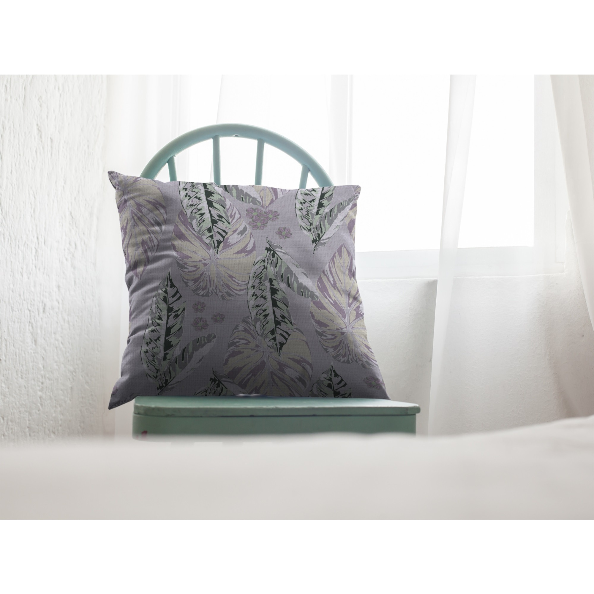 Tropics Suede Blown and Closed Pillow Purple on Muted Gray