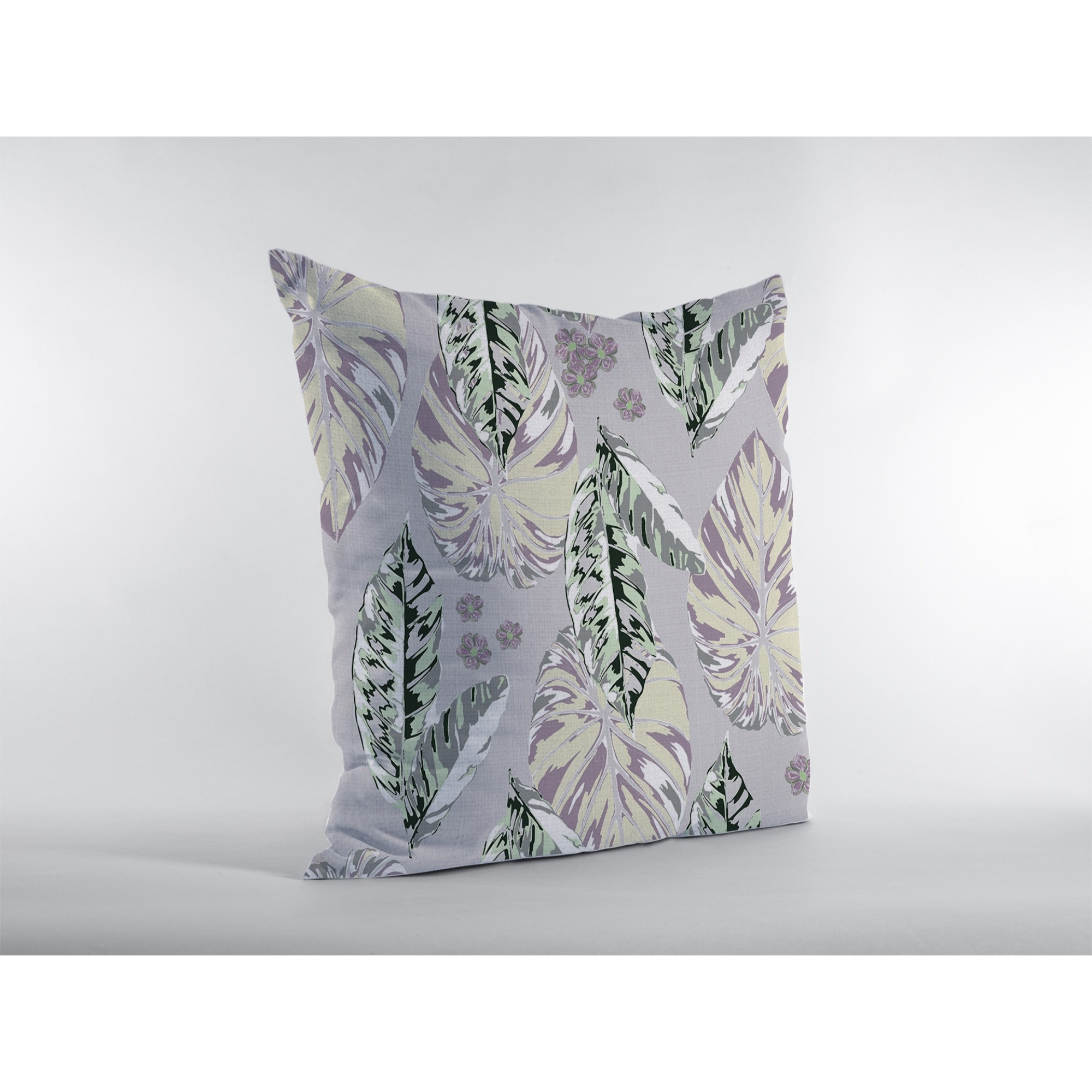 Tropics Suede Blown and Closed Pillow Purple on Muted Gray
