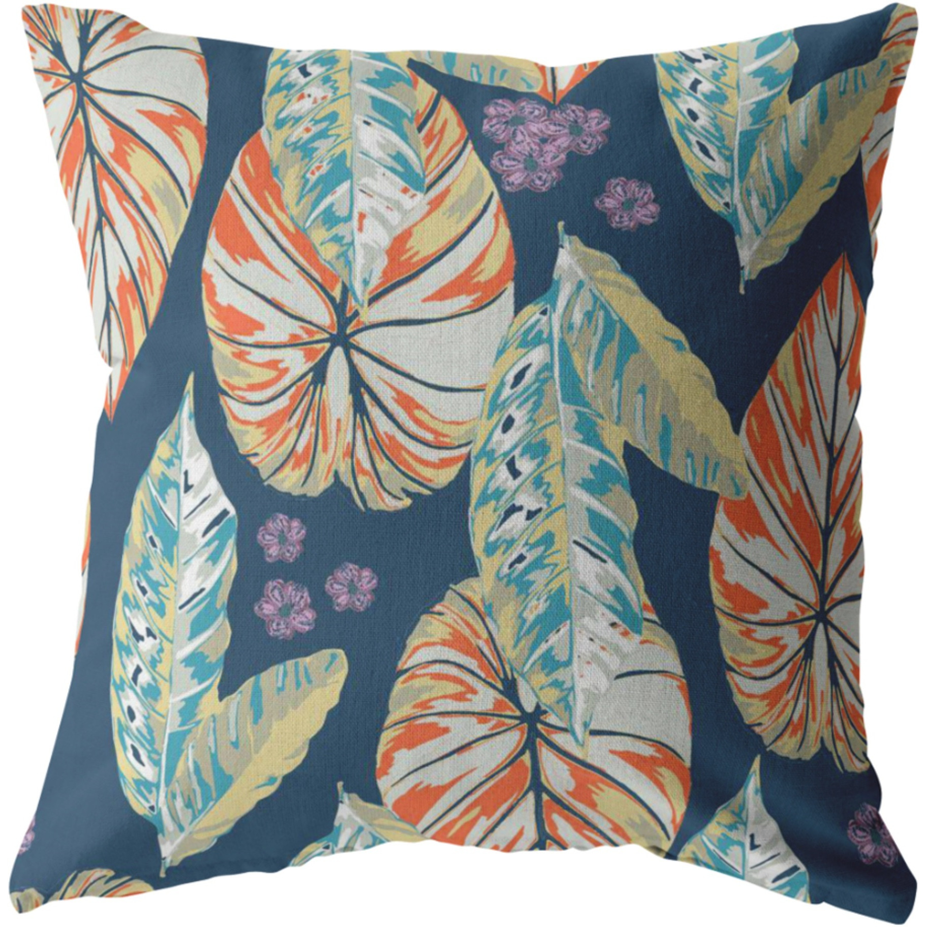 Tropics Suede Blown and Closed Pillow Orange on Dark Blue