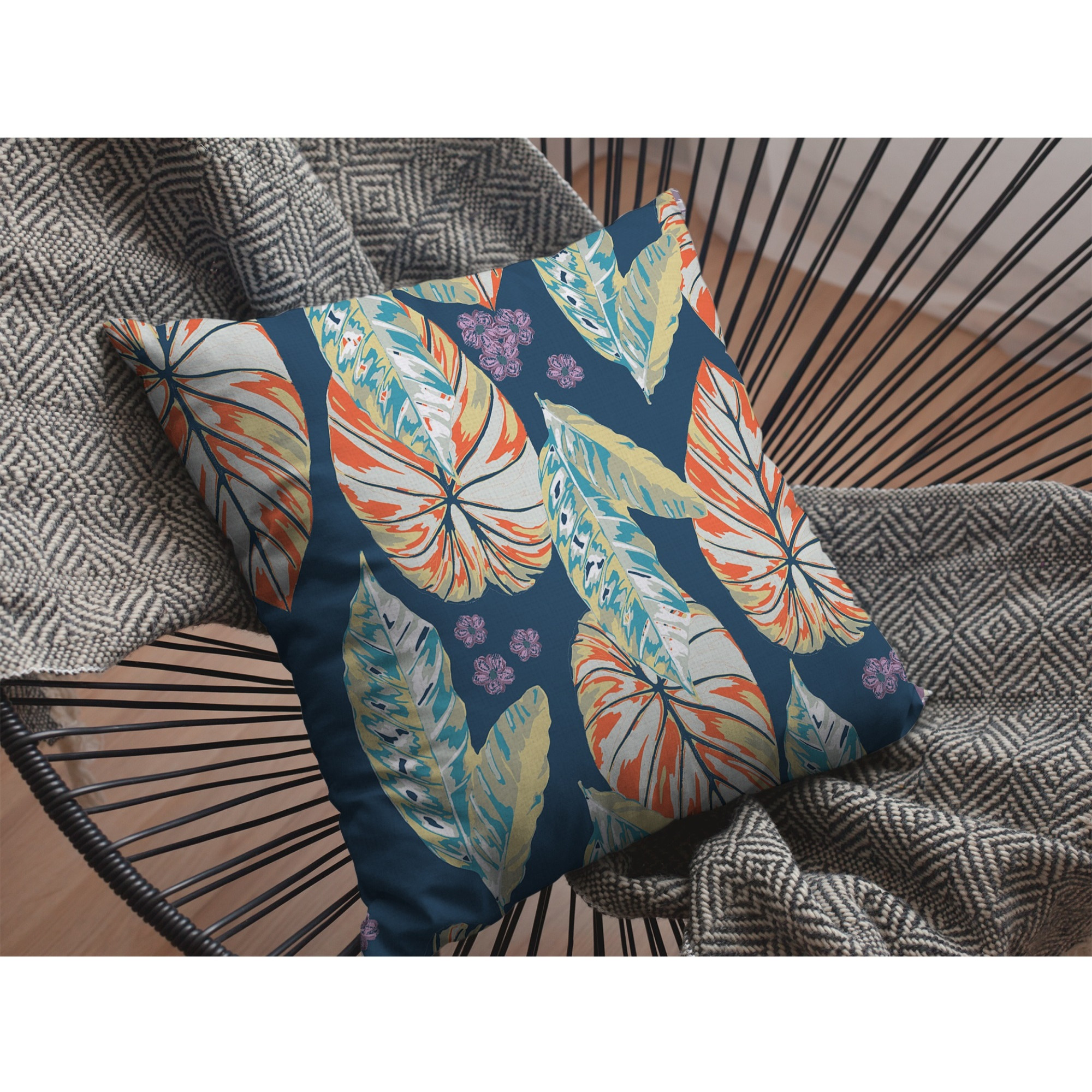 Tropics Suede Blown and Closed Pillow Orange on Dark Blue