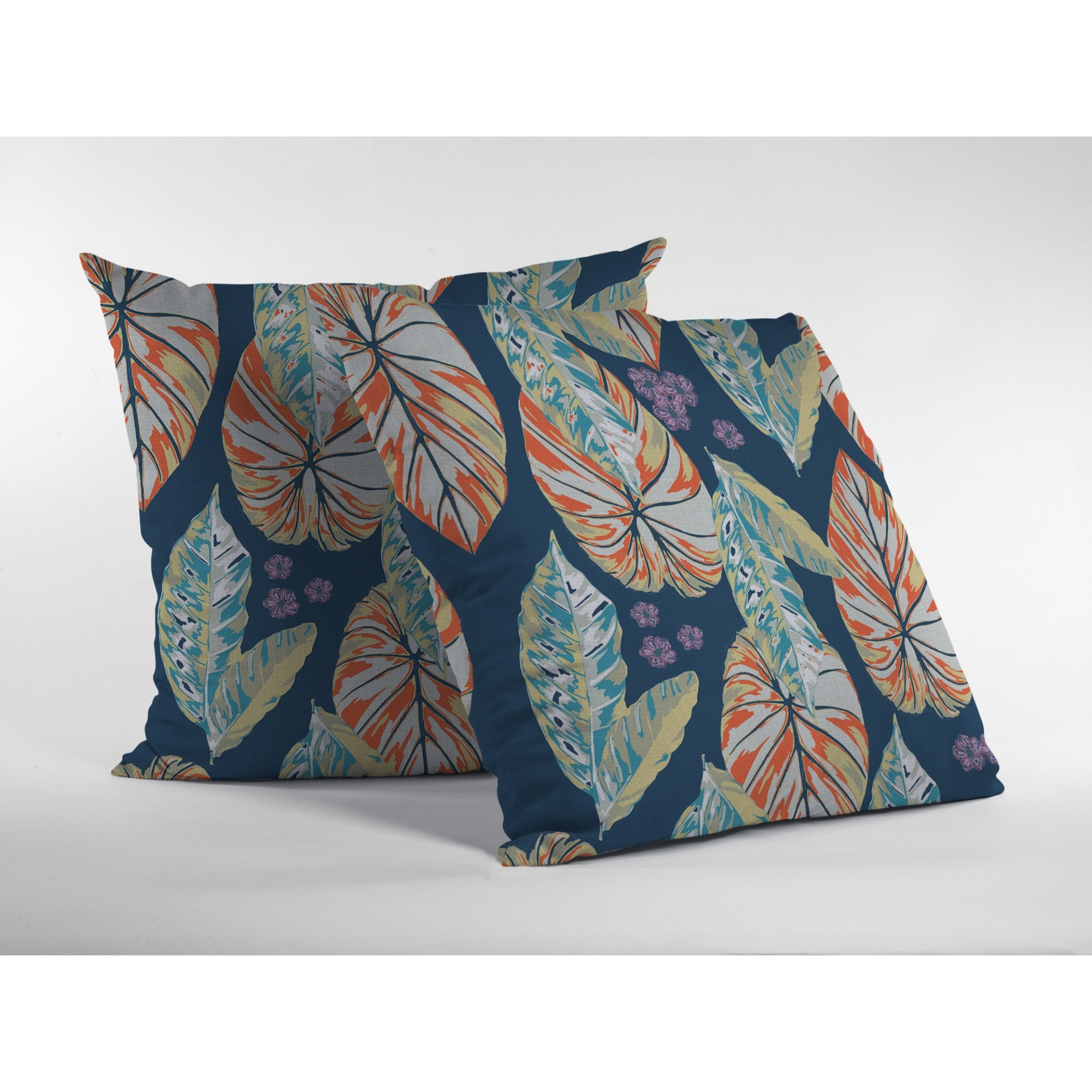 Tropics Suede Blown and Closed Pillow Orange on Dark Blue