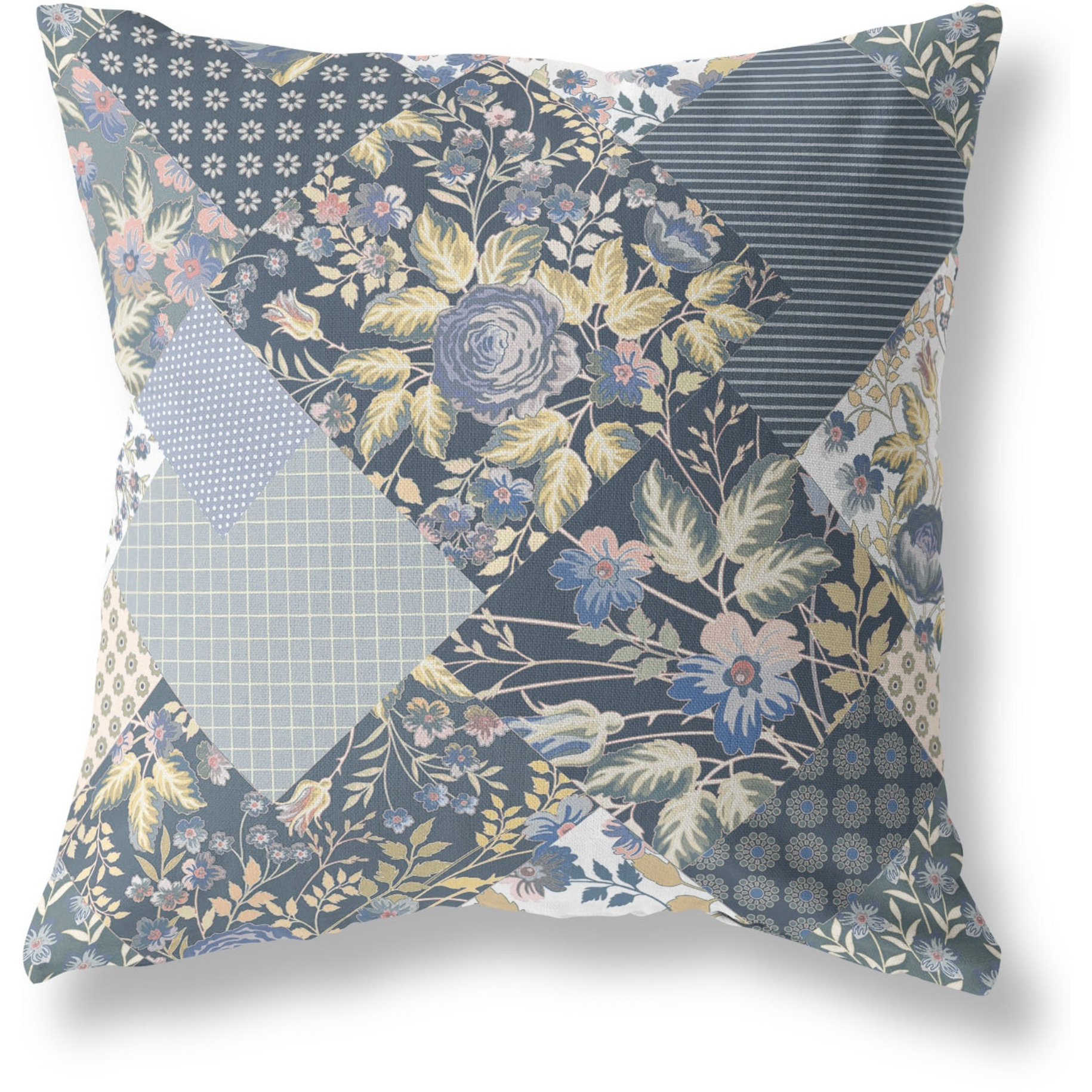 Arizona Floral Patches Broadcloth Indoor Outdoor Blown and Closed Pillow by Amrita Sen in Dark Blue Yellow