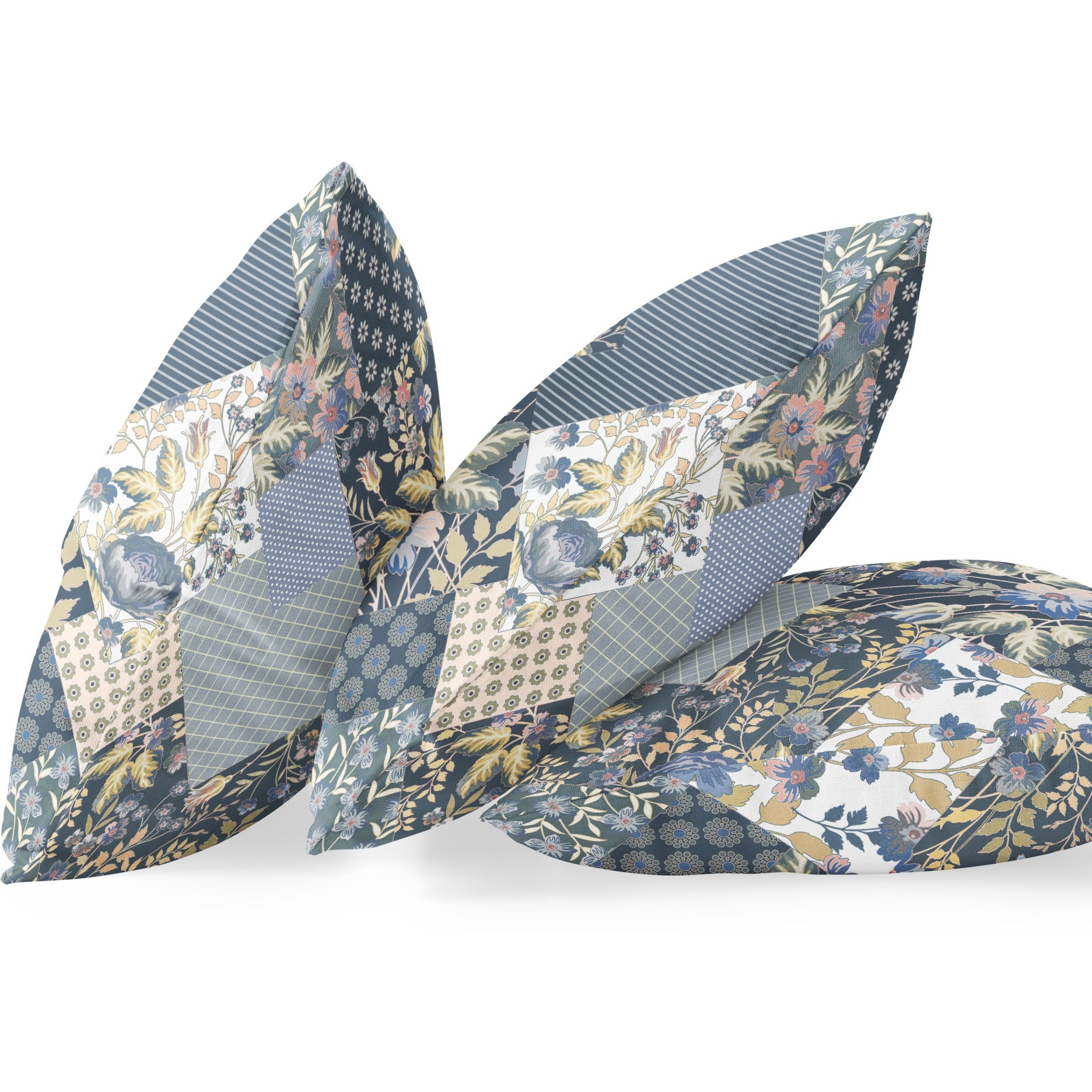 Arizona Floral Patches Broadcloth Indoor Outdoor Blown and Closed Pillow by Amrita Sen in Dark Blue Yellow