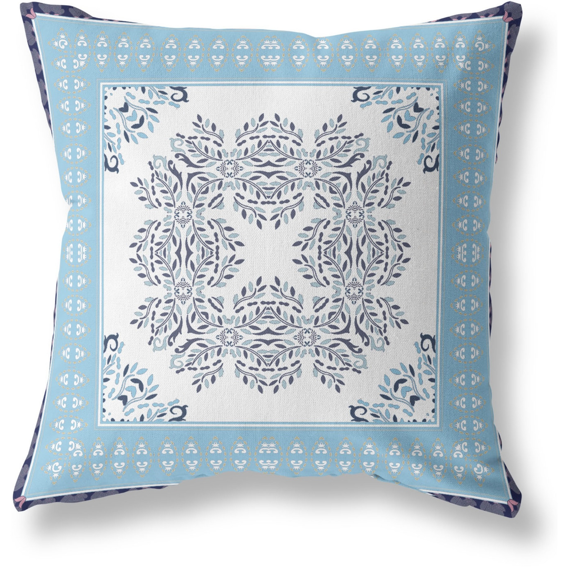 Window Wreath Palace Broadcloth Indoor Outdoor Blown and Closed Pillow by Amrita Sen in White Blue Indigo
