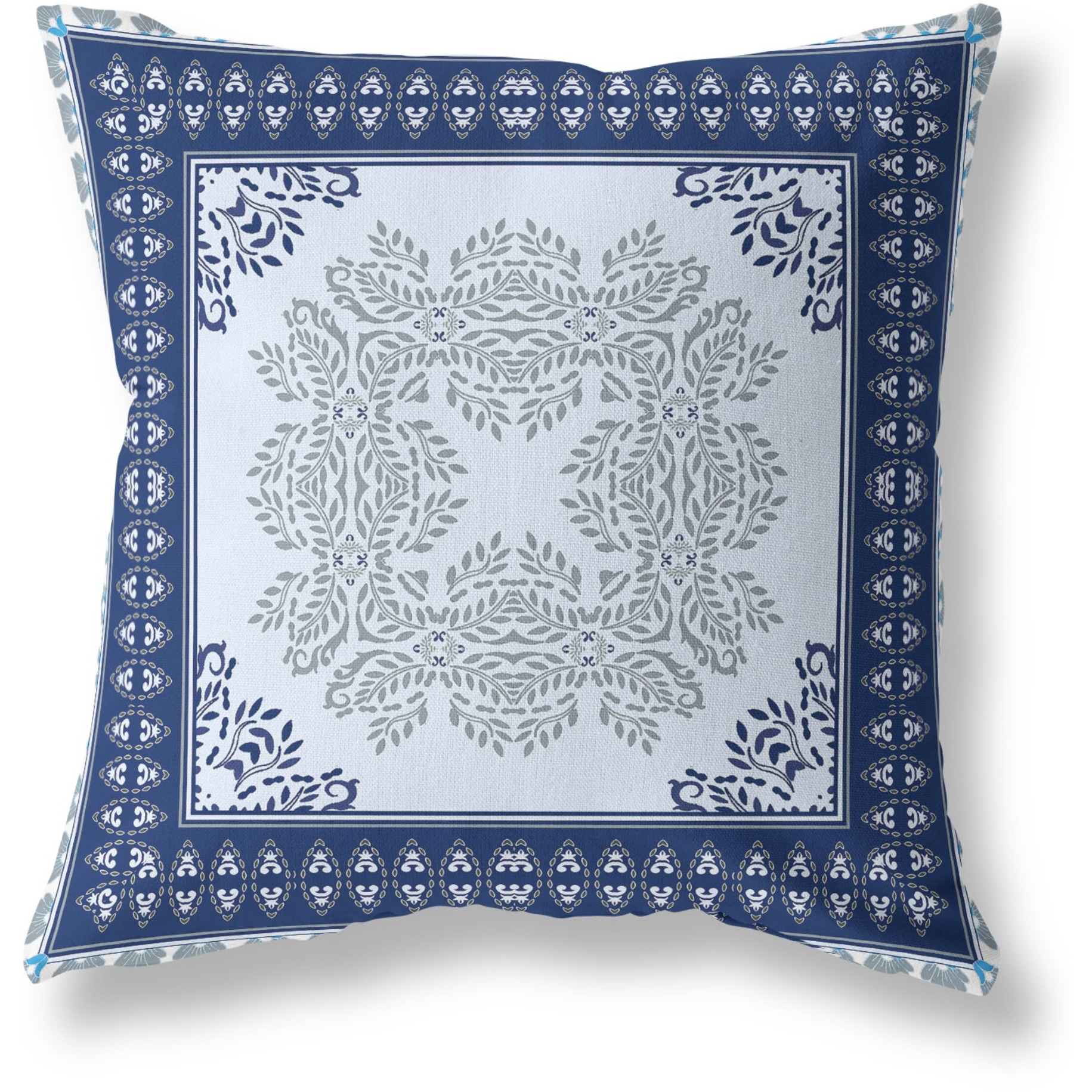 Window Wreath Palace Broadcloth Indoor Outdoor Blown and Closed Pillow by Amrita Sen in Light Blue Navy Blue