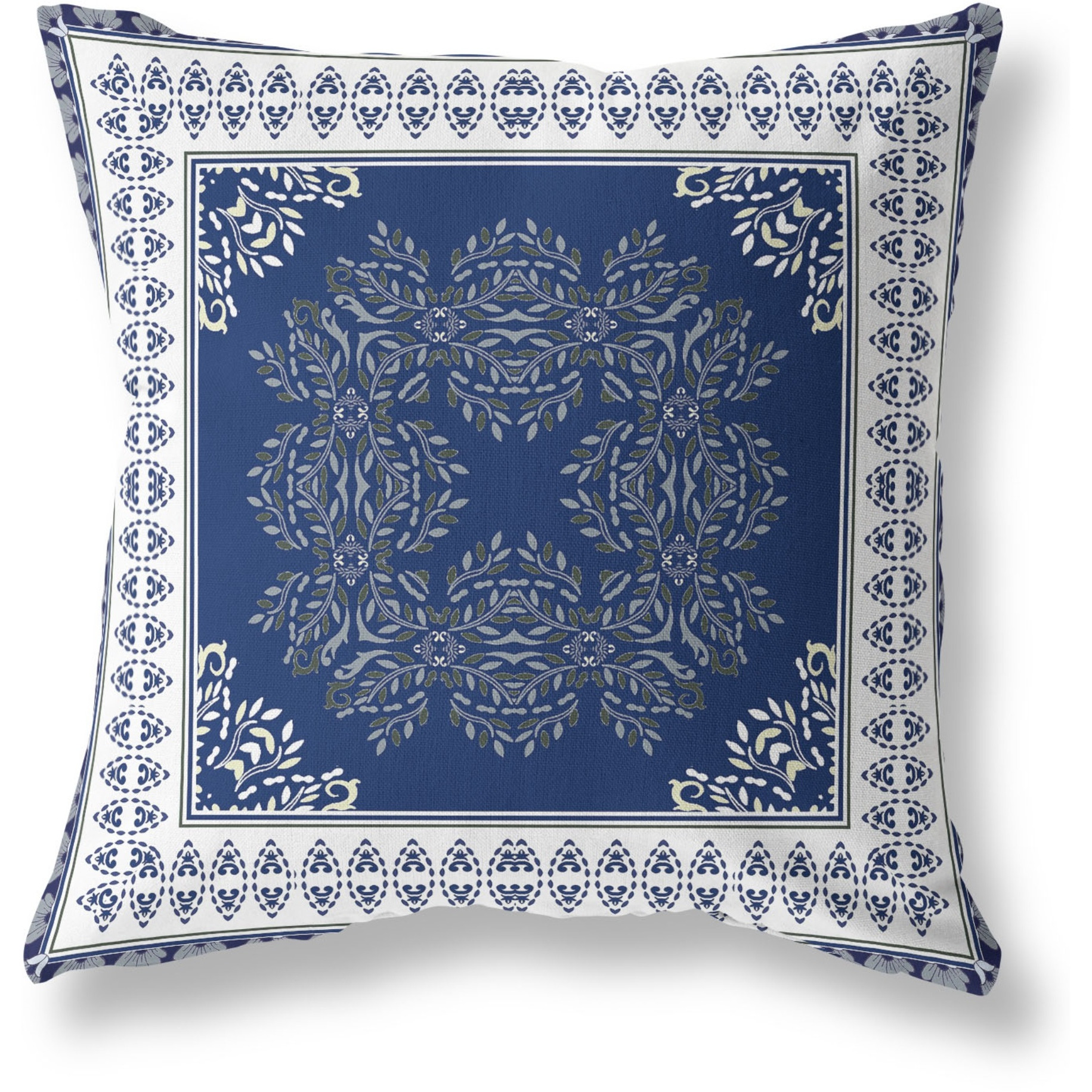 Window Wreath Palace Broadcloth Indoor Outdoor Blown and Closed Pillow by Amrita Sen in Indigo White