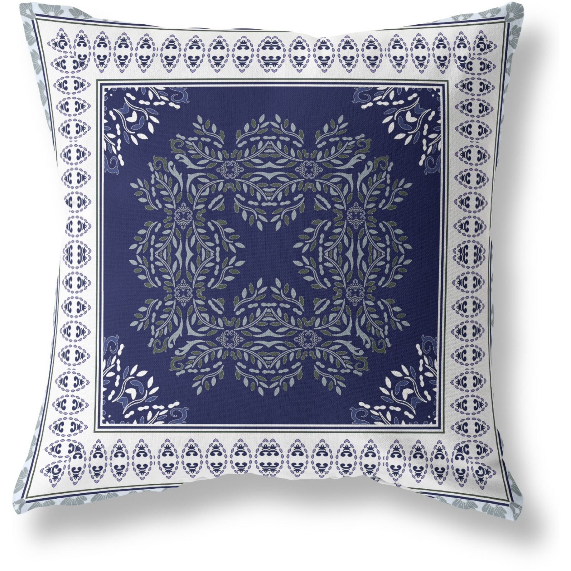 Window Wreath Palace Broadcloth Indoor Outdoor Blown and Closed Pillow by Amrita Sen in Indigo White Green