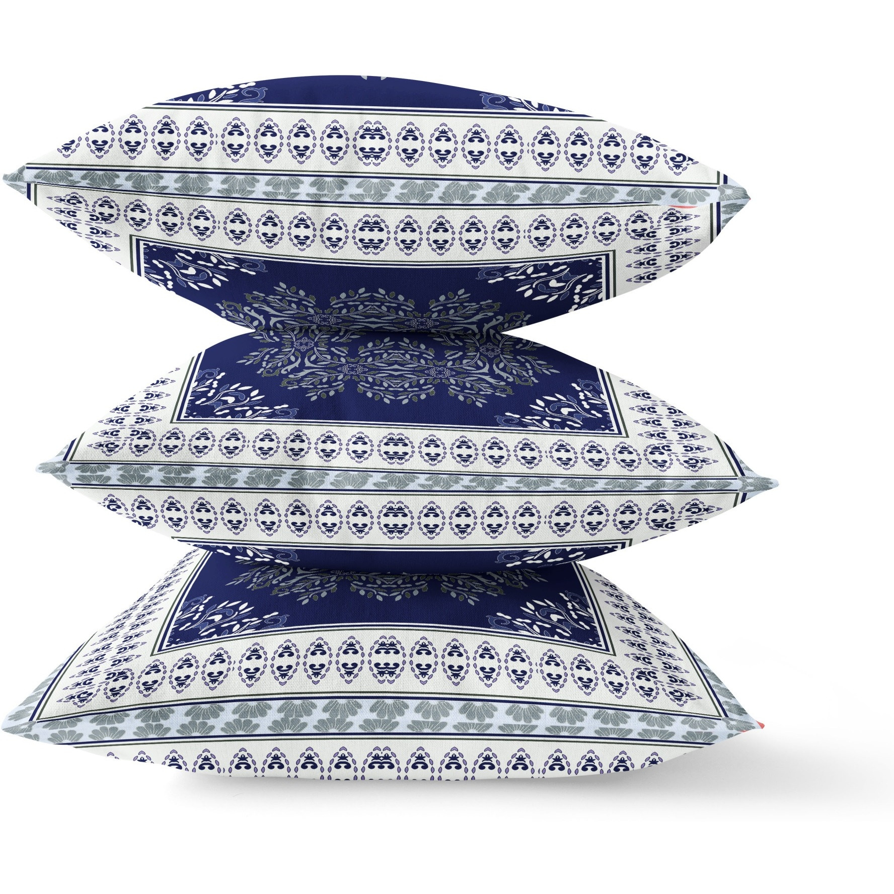 Window Wreath Palace Broadcloth Indoor Outdoor Blown and Closed Pillow by Amrita Sen in Indigo White Green