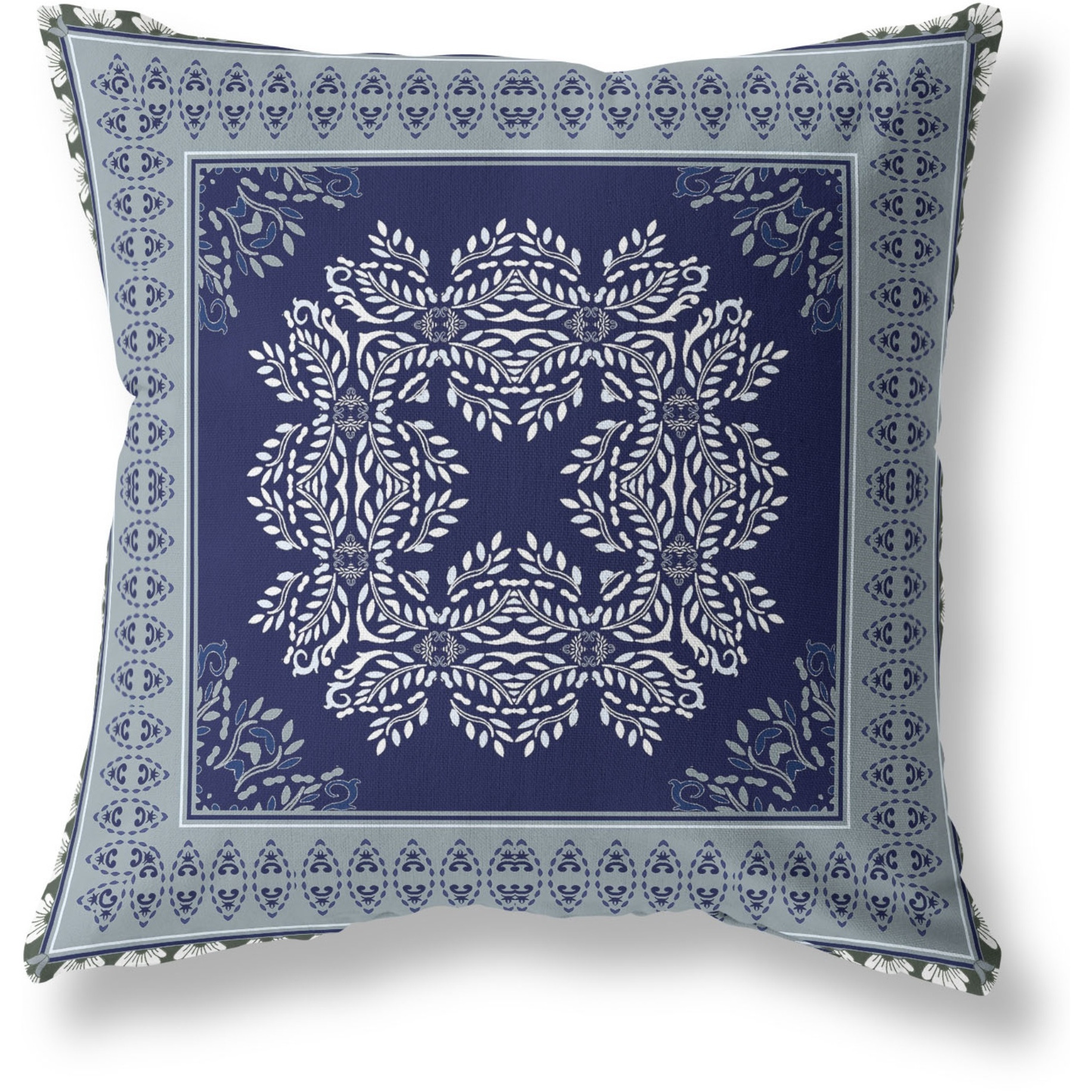 Window Wreath Palace Broadcloth Indoor Outdoor Blown and Closed Pillow by Amrita Sen in Indigo Grey Green
