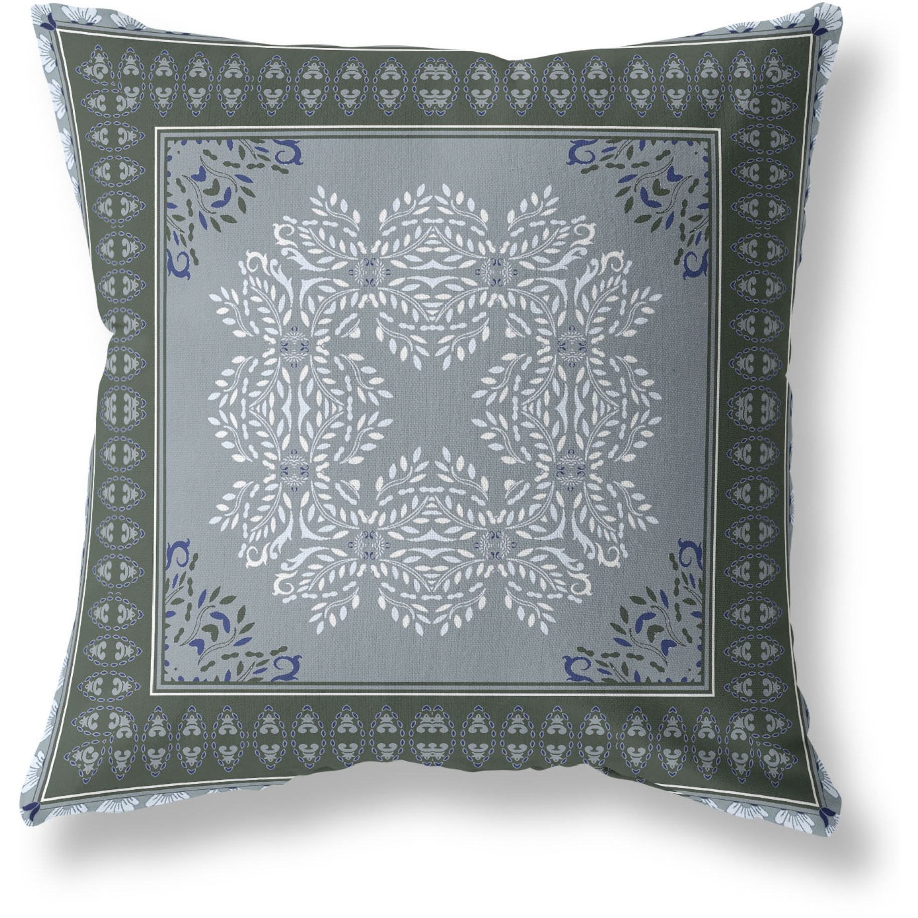 Window Wreath Palace Broadcloth Indoor Outdoor Blown and Closed Pillow by Amrita Sen in Grey Green
