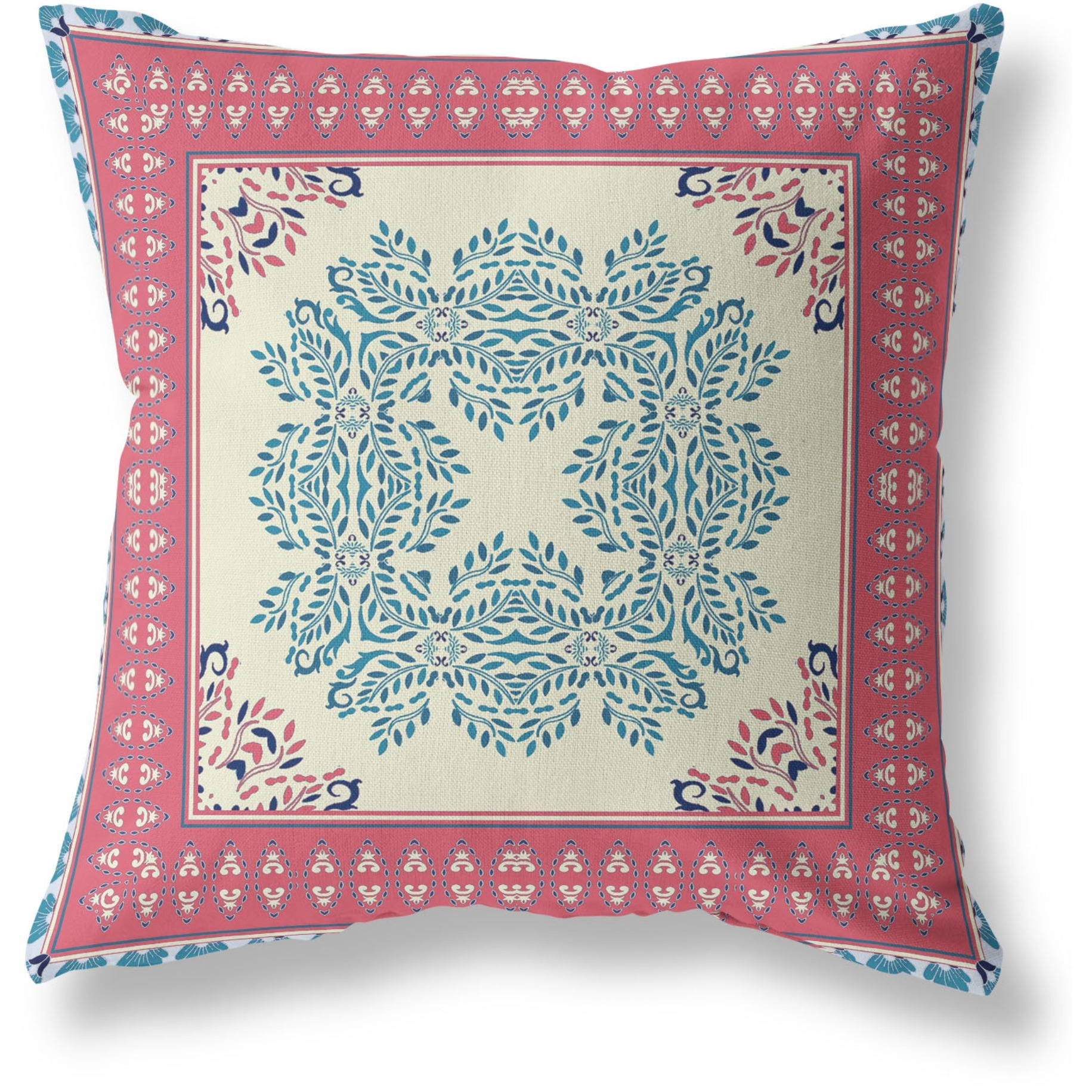 Window Wreath Palace Broadcloth Indoor Outdoor Blown and Closed Pillow by Amrita Sen in Cream Red Blue