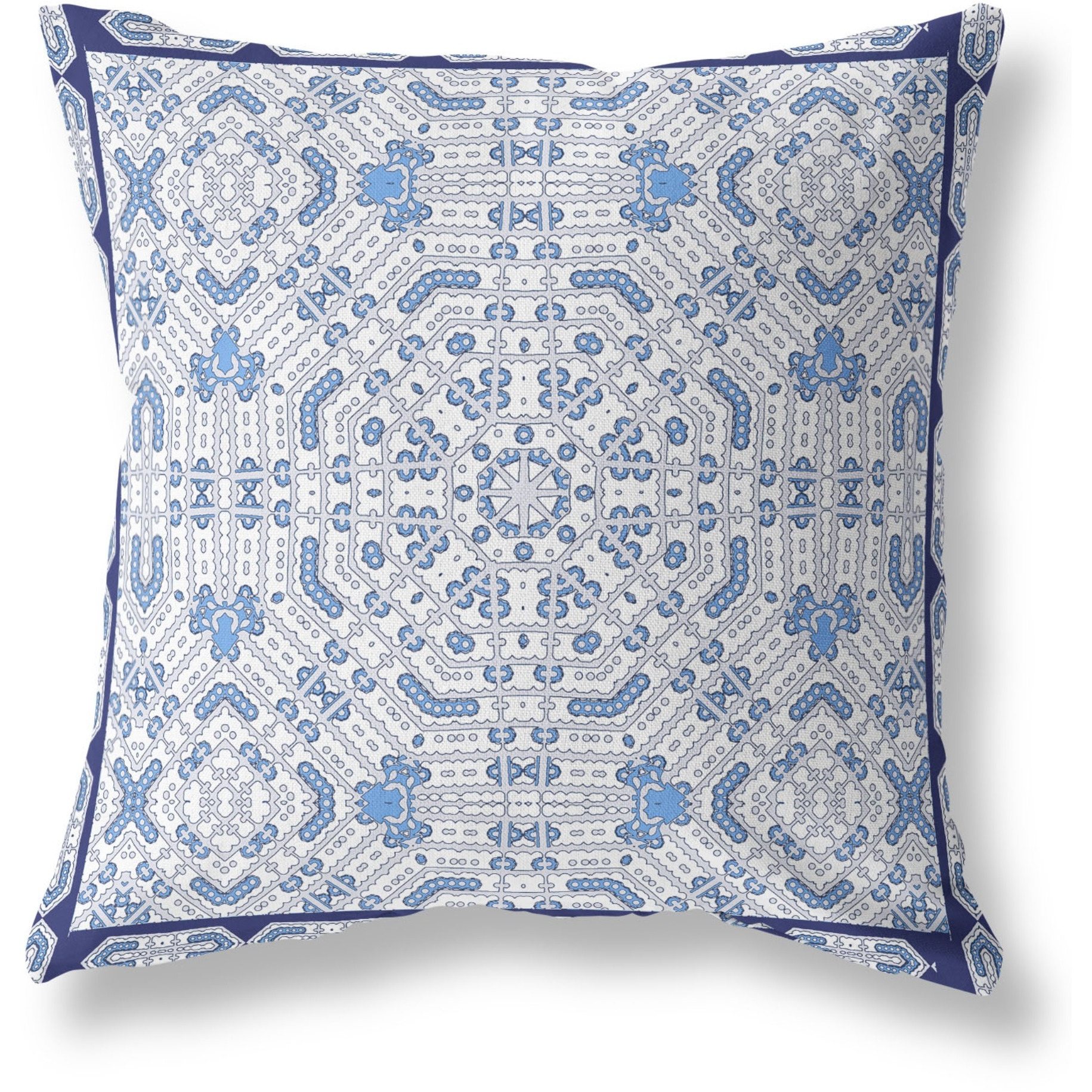 Geostar Wreath Palace Broadcloth Indoor Outdoor Blown and Closed Pillow by Amrita Sen in White Gray Blue