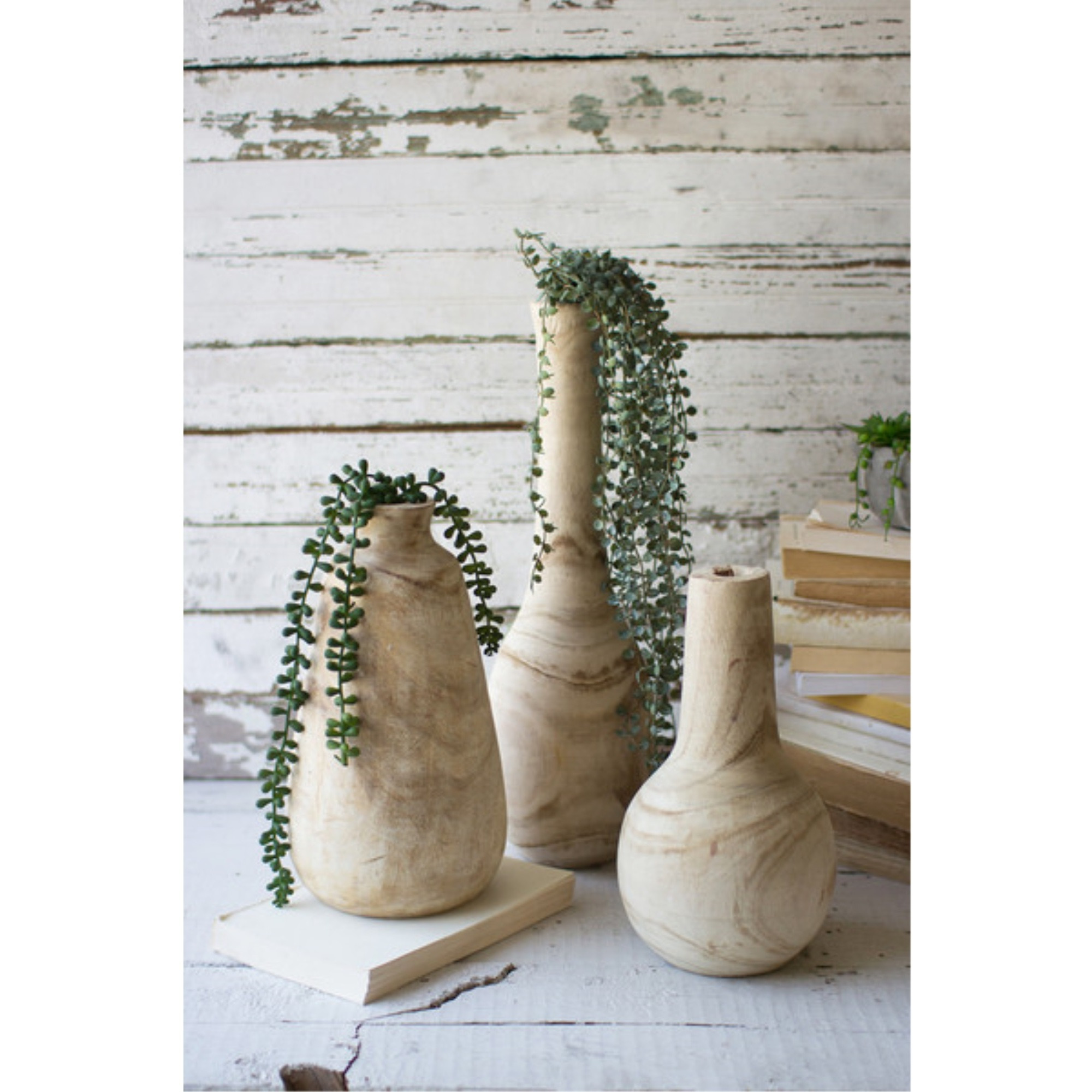SET OF THREE HAND CARVED TALL WOODEN VASES