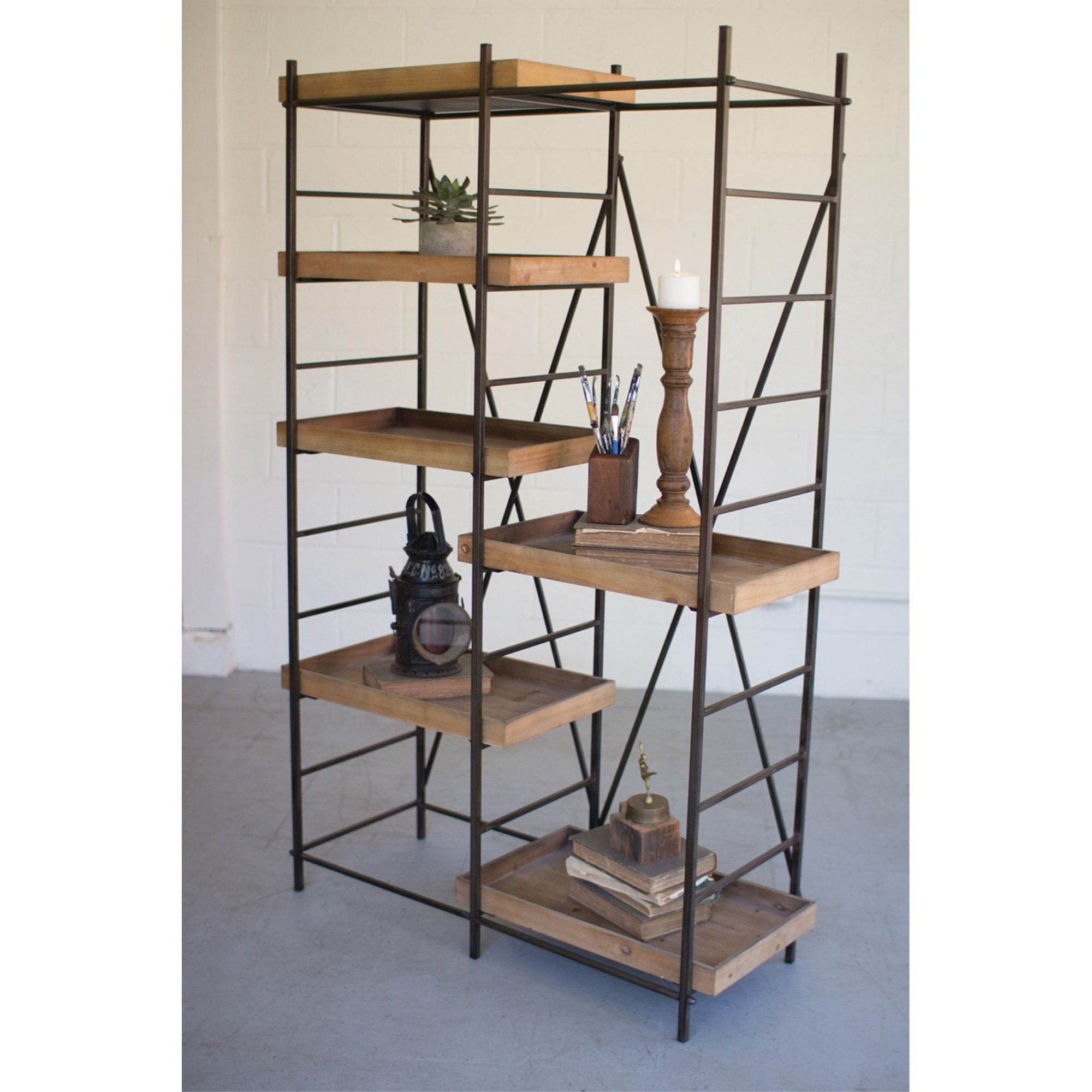 IRON SHELVING UNIT W SIX ADJUSTABLE WOODEN SHELVES