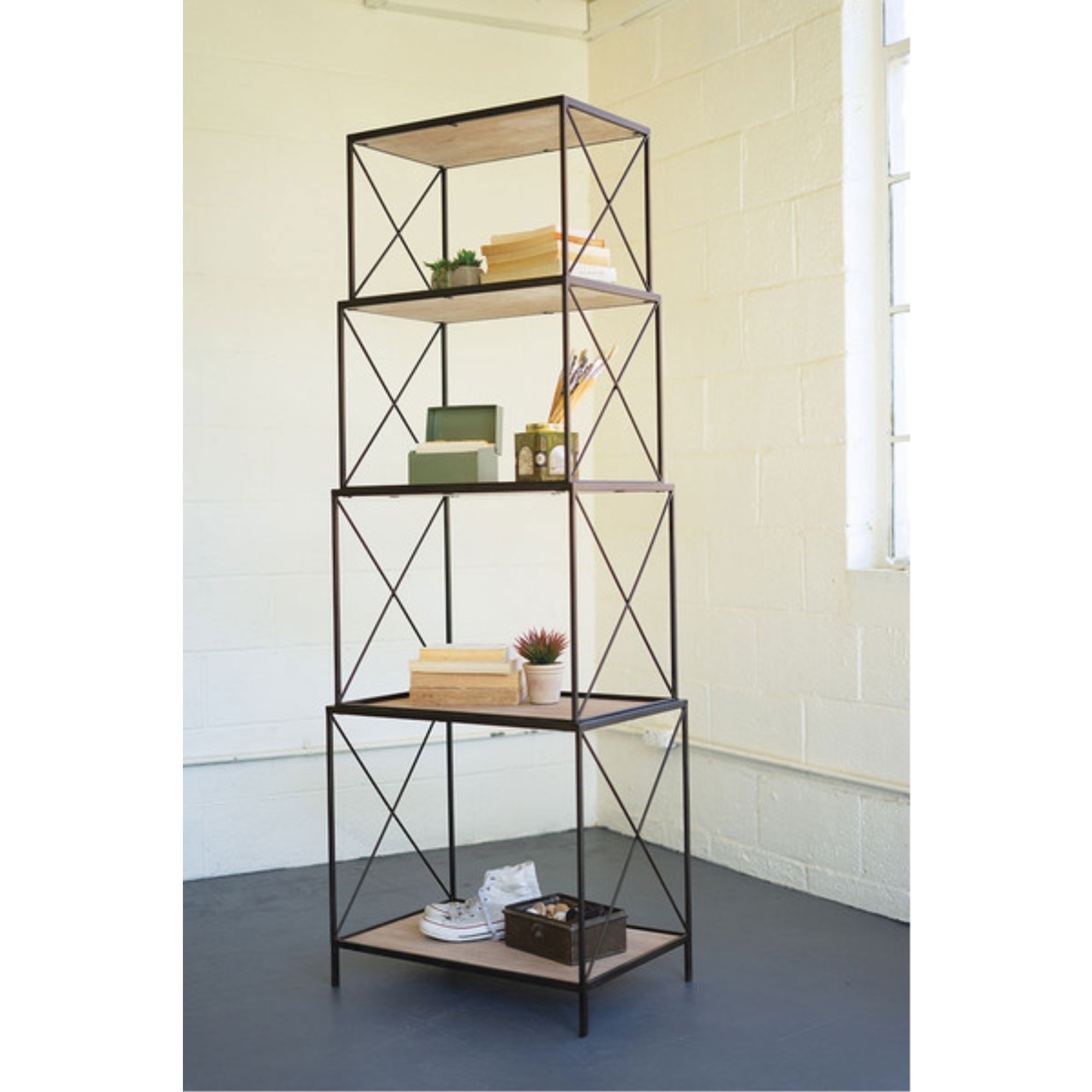 STACKABLE FOUR TIERED METAL AND WOOD SHELVING UNIT