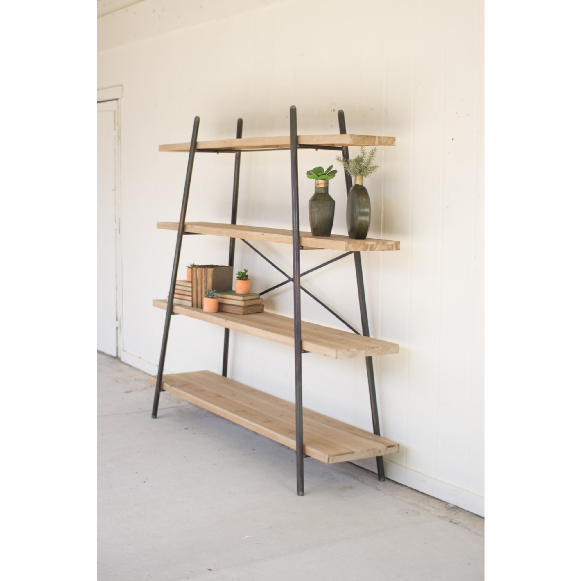 FOUR TIERED WOOD AND METAL DISPLAY SHELF