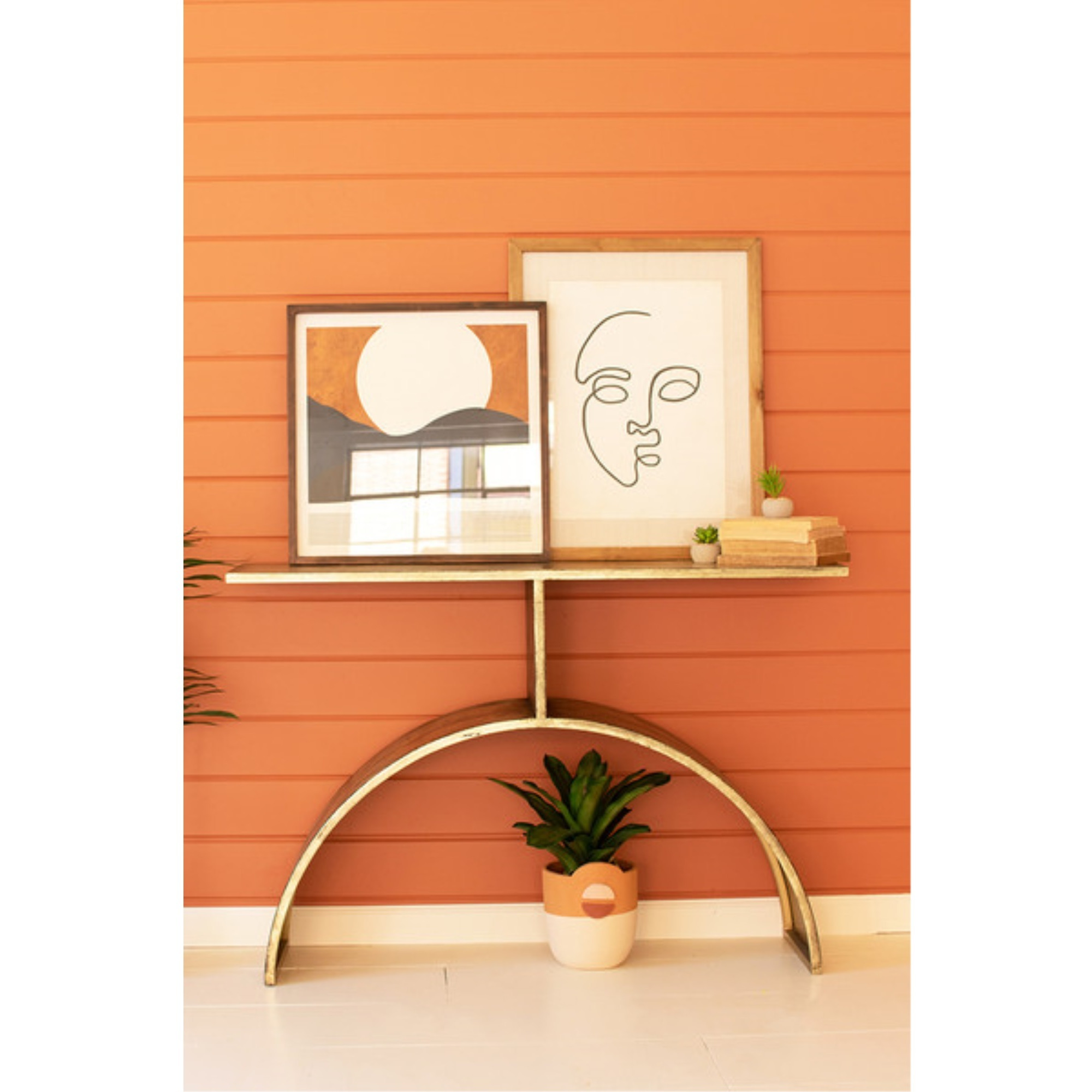 ANTIQUE BRASS CONSOLE TABLE WITH ARCHED BASE