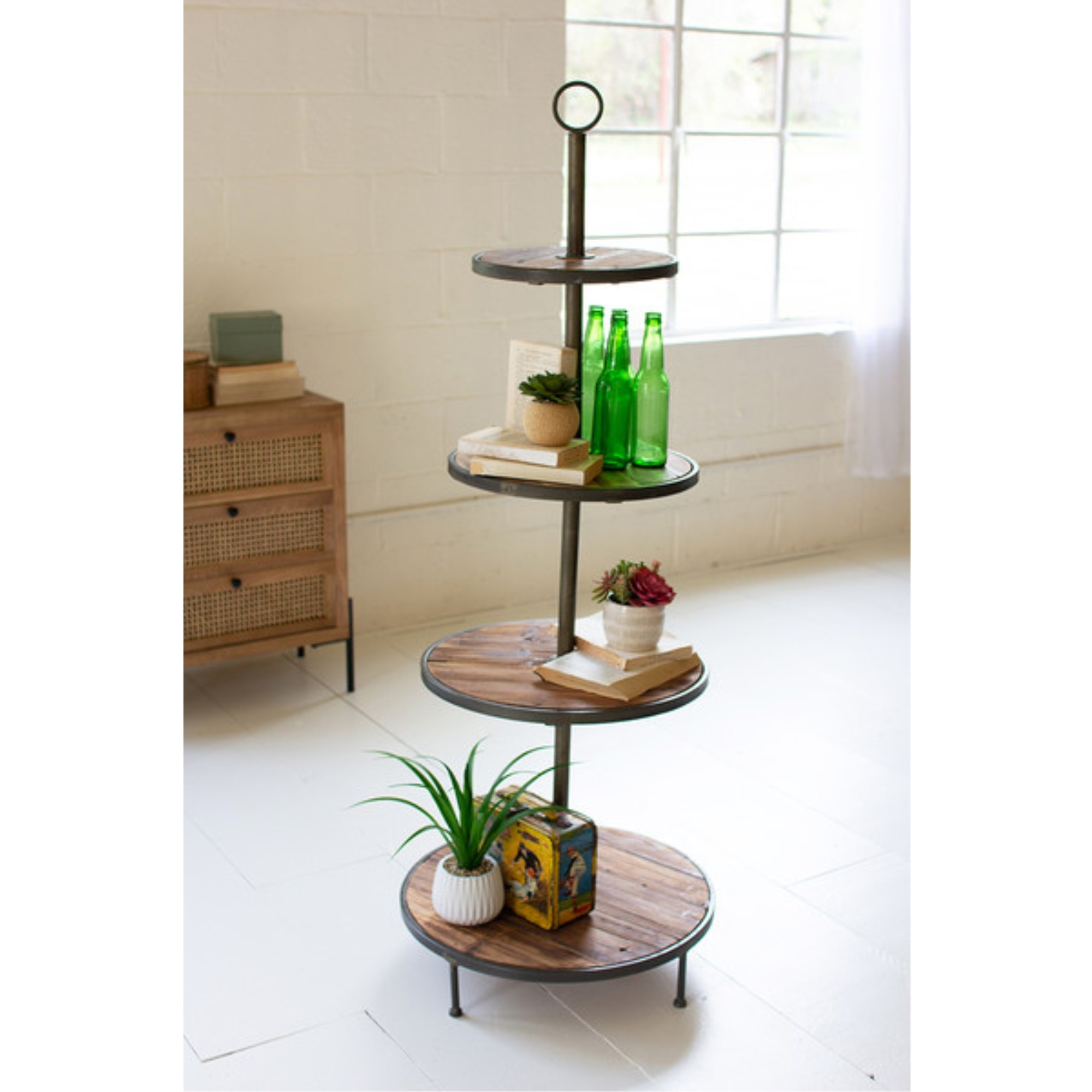 FOUR TIERED RECYCLED WOOD AND METAL DISPLAY TOWER