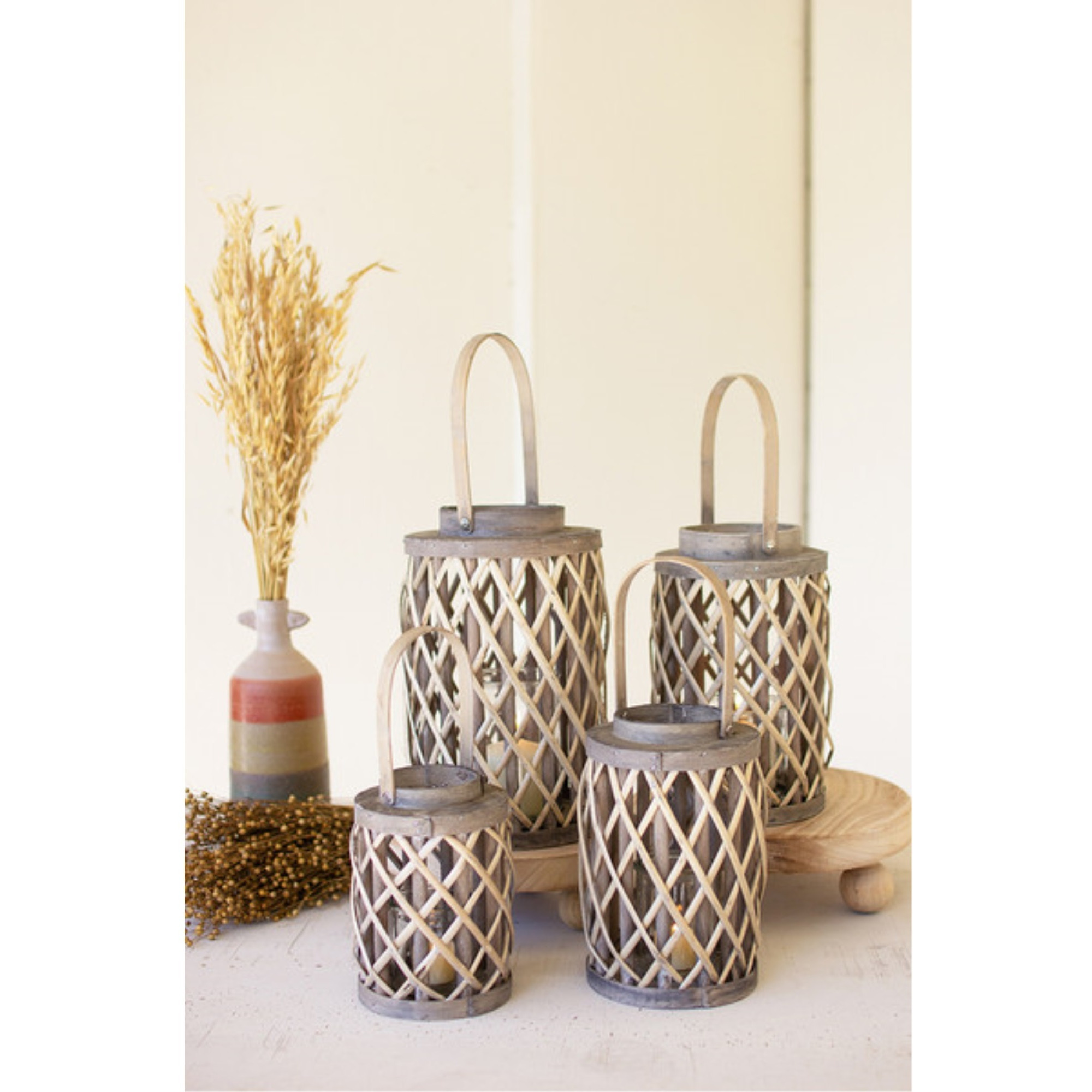 SET OF FOUR GREY WILLOW CYLINDER LANTERNS