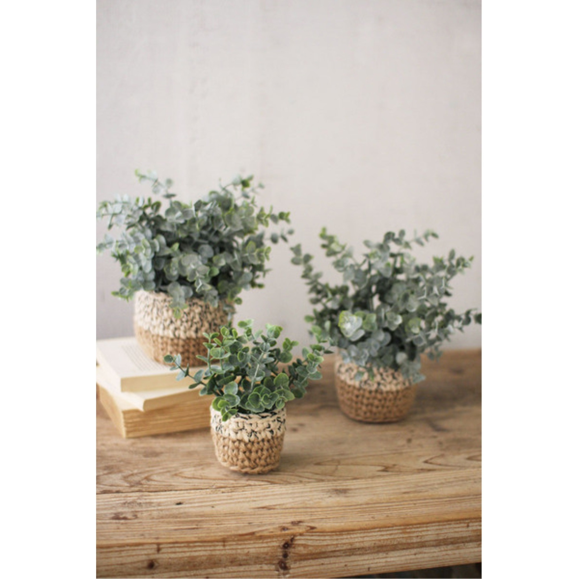 SET OF THREE ARTIFICIAL EUCALYPTUS PLANTS IN WOVEN POTS