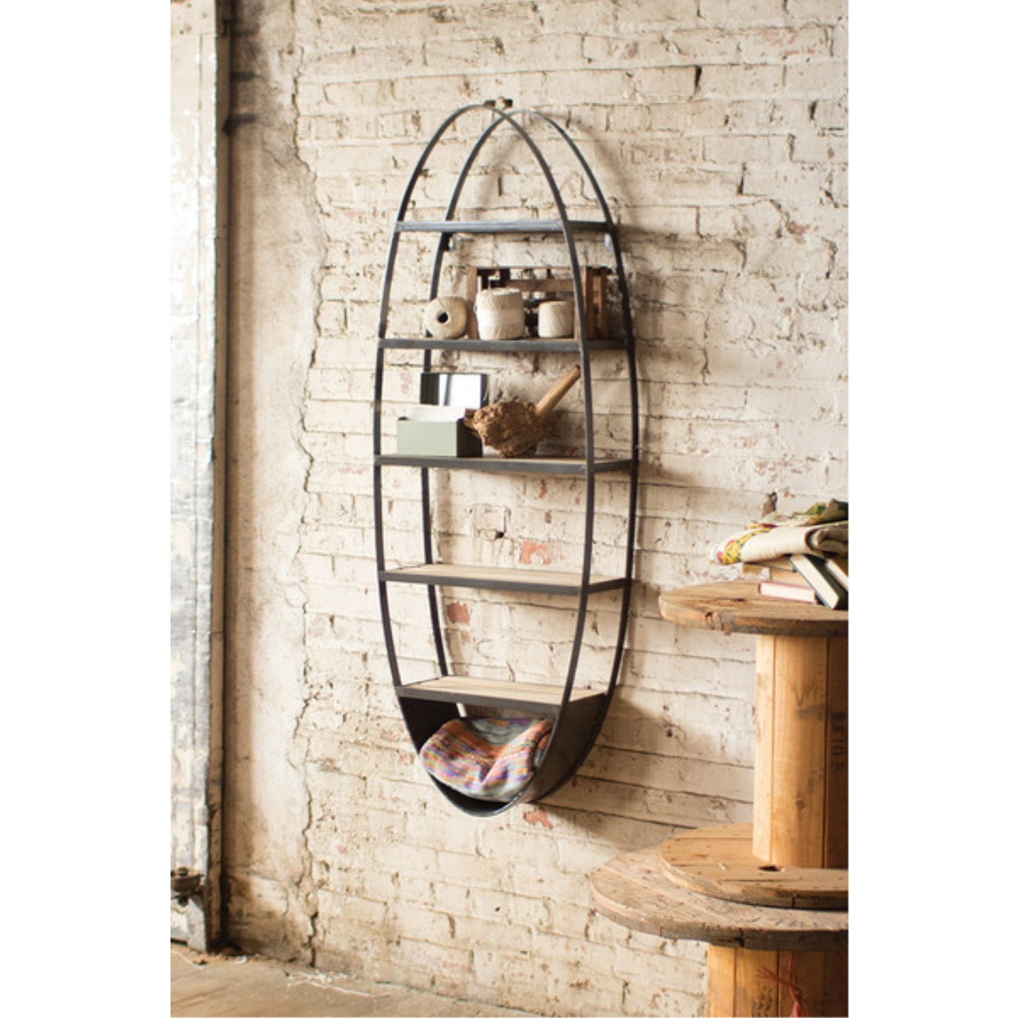 METAL AND WOOD OVAL WALL SHELF