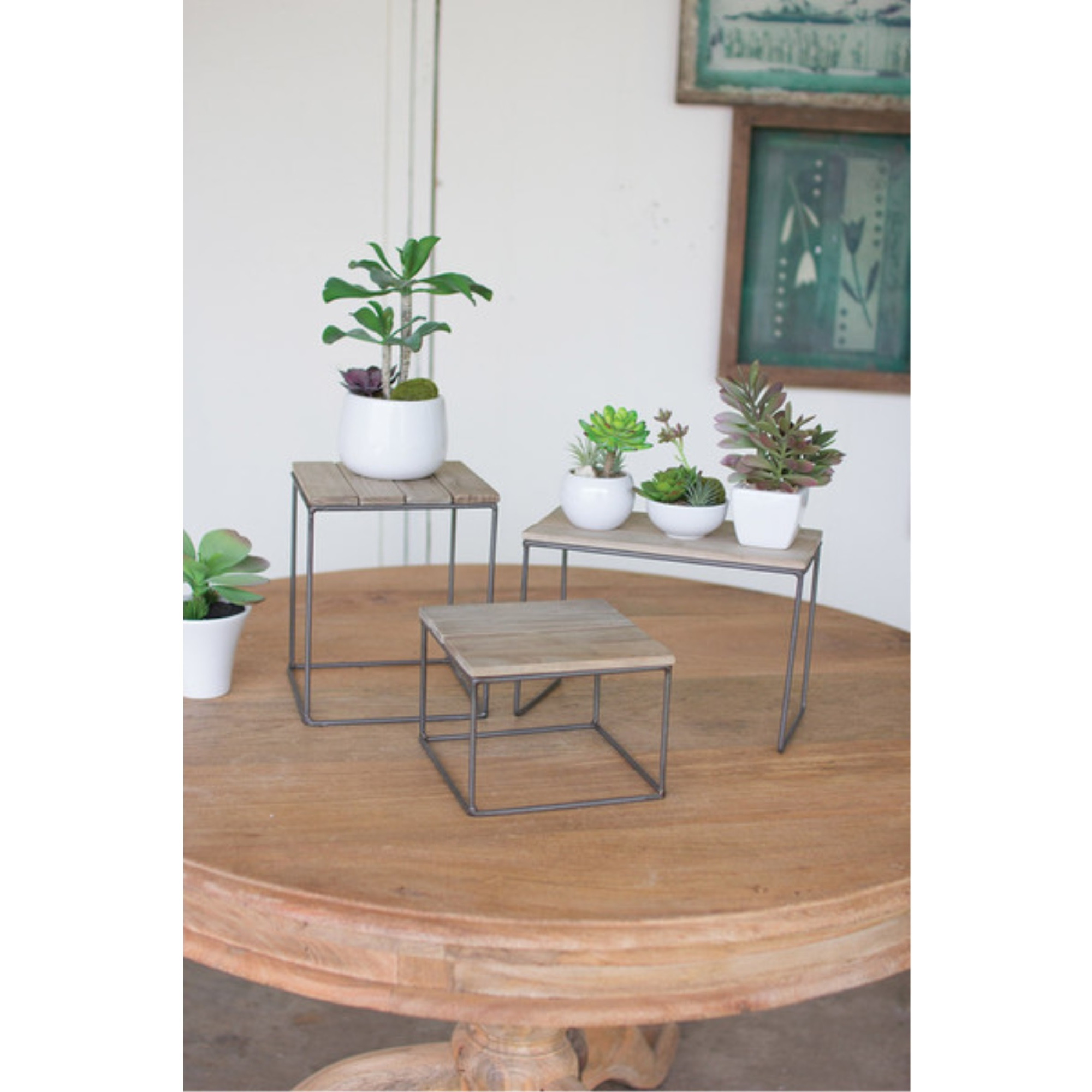SET OF THREE WOOD AND METAL TABLE TOP RISERS