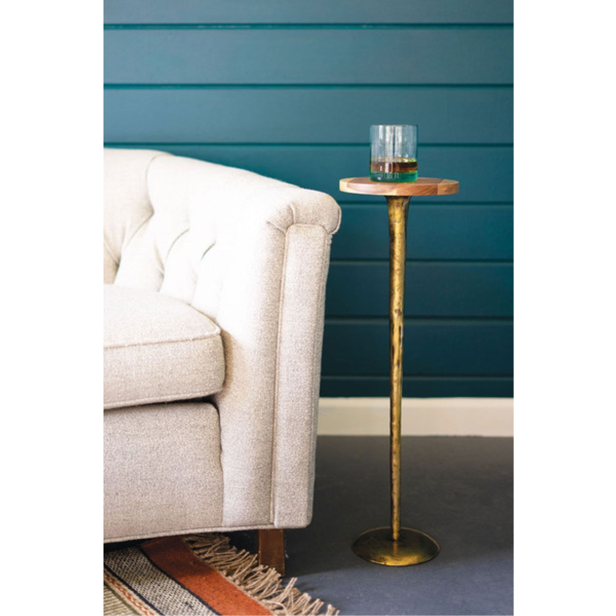 ANTIQUE BRASS COCKTAIL TABLE WITH ACACIA WOOD TOP