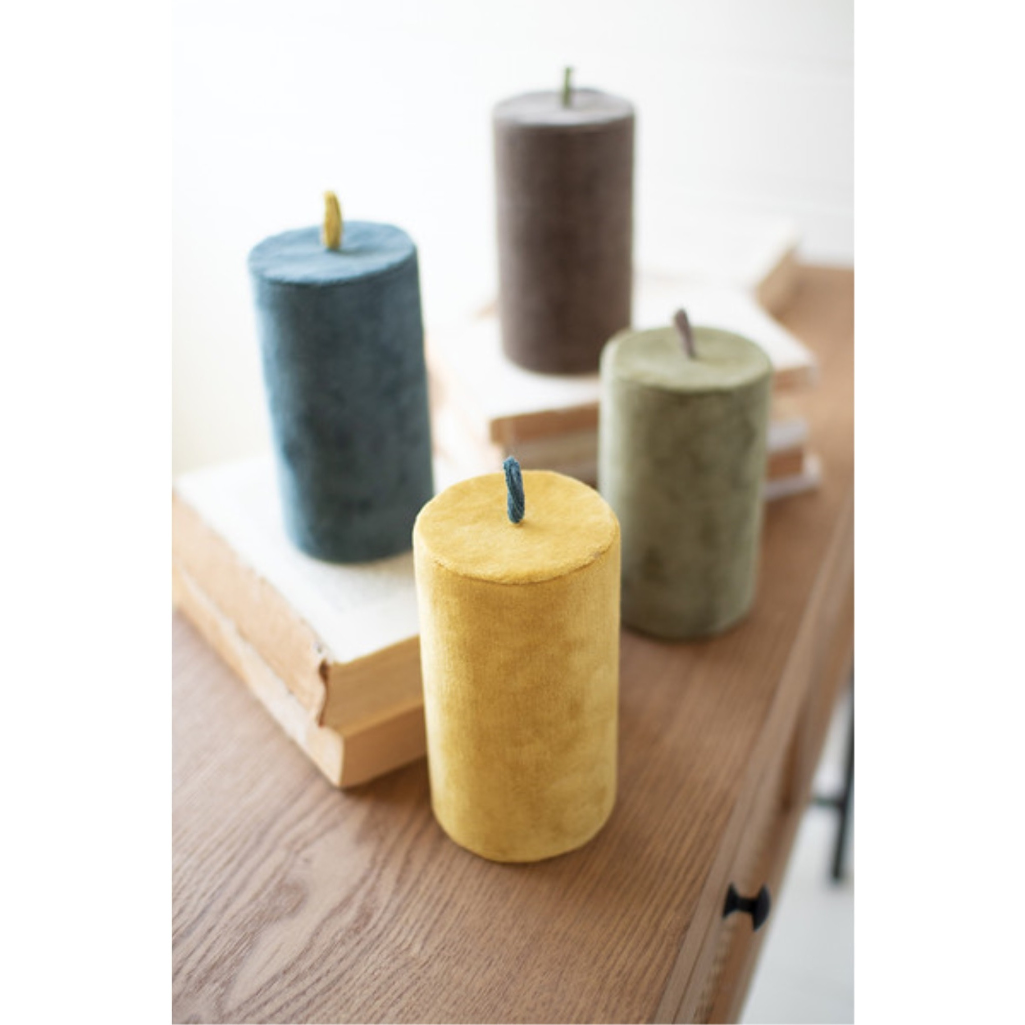 SET OF FOUR FAUX VELVET CANDLES - ONE EACH COLOR