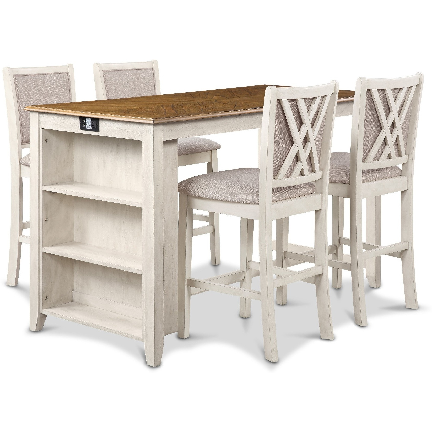 Han 60 Inch 5 Piece Counter Table Set with USB Ports, White and Brown
