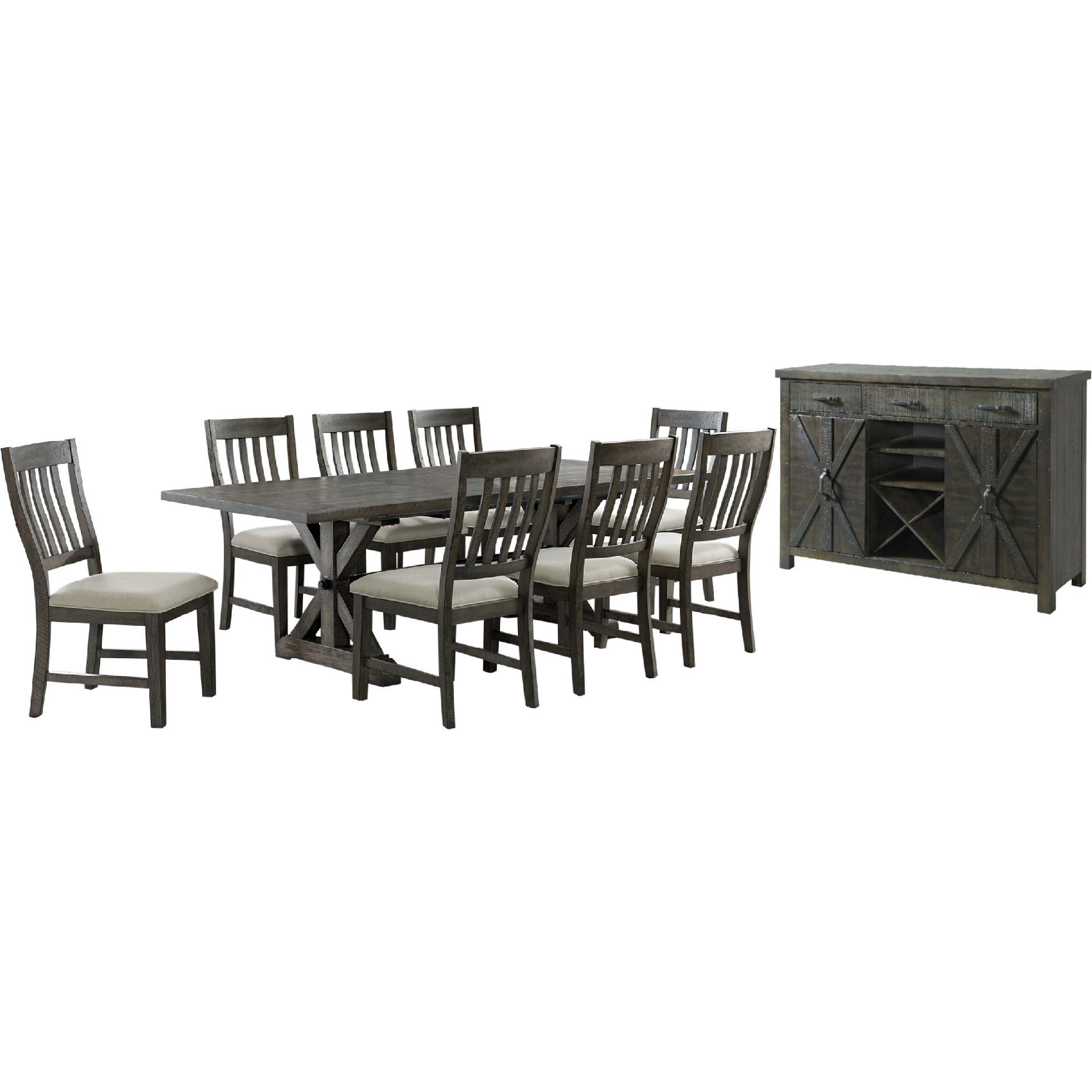 Sunset Trading Trestle 10 Piece Dining Set | 96" Rectangular Extendable Table | Sideboard with 20 Bottle Wine Rack | Distressed Gray Wood | 8 Upholstered Chairs | Seats 8