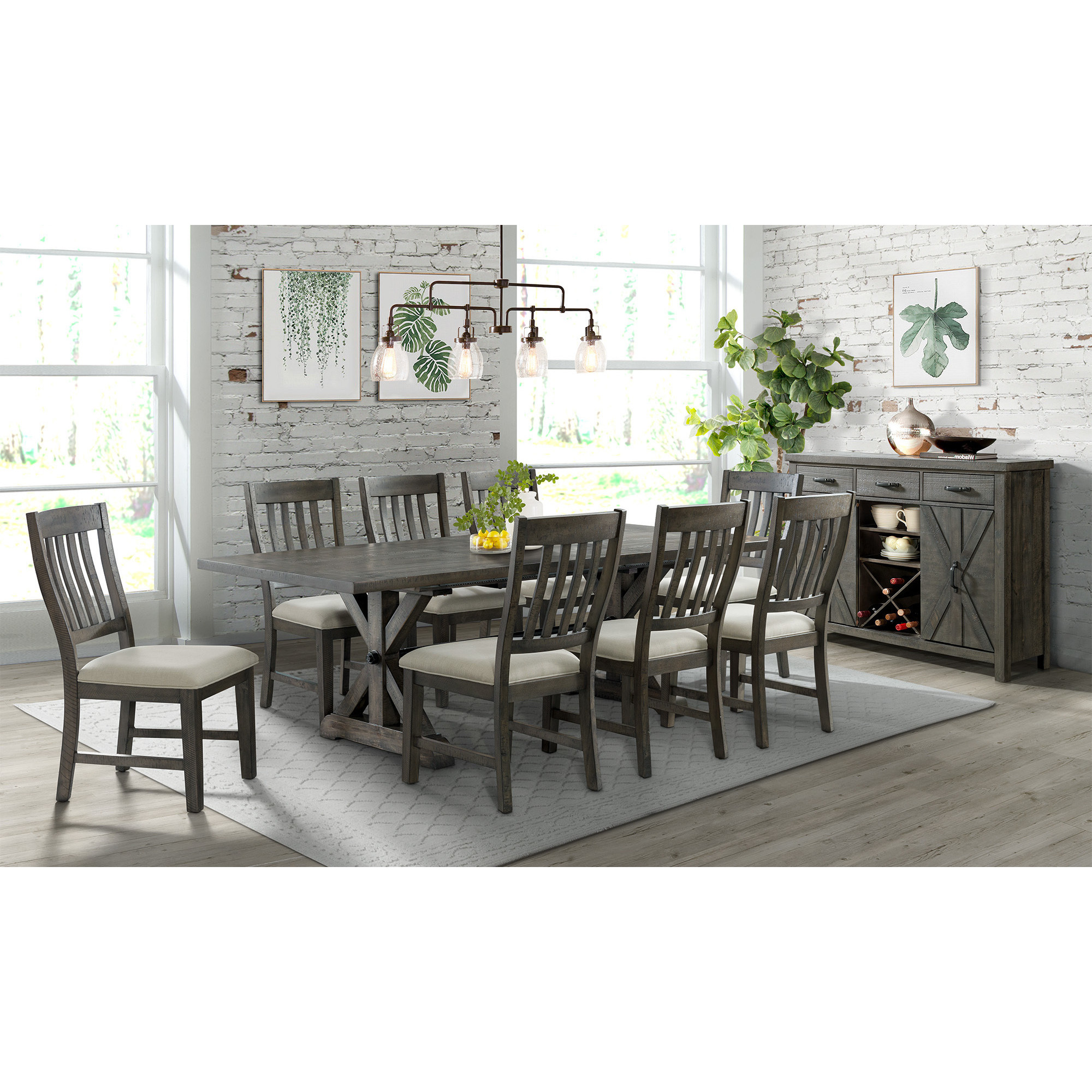 Sunset Trading Trestle 10 Piece Dining Set | 96" Rectangular Extendable Table | Sideboard with 20 Bottle Wine Rack | Distressed Gray Wood | 8 Upholstered Chairs | Seats 8