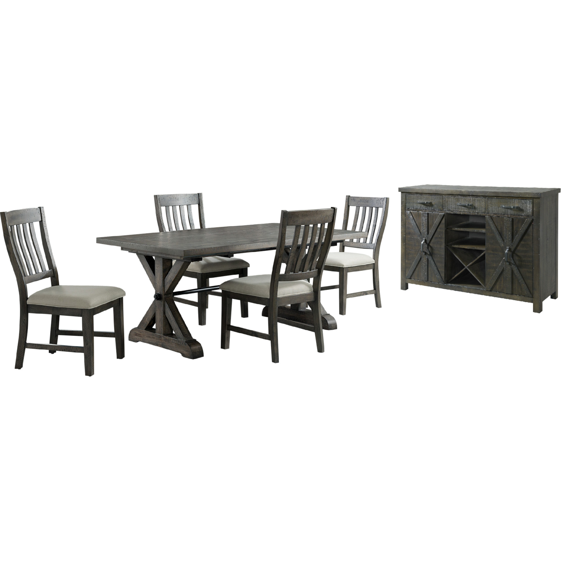 Sunset Trading Trestle 6 Piece Dining Set | 96" Rectangular Extendable Table | Sideboard with 20 Bottle Wine Rack | Distressed Gray Wood | 4 Upholstered Chairs | Seats 8