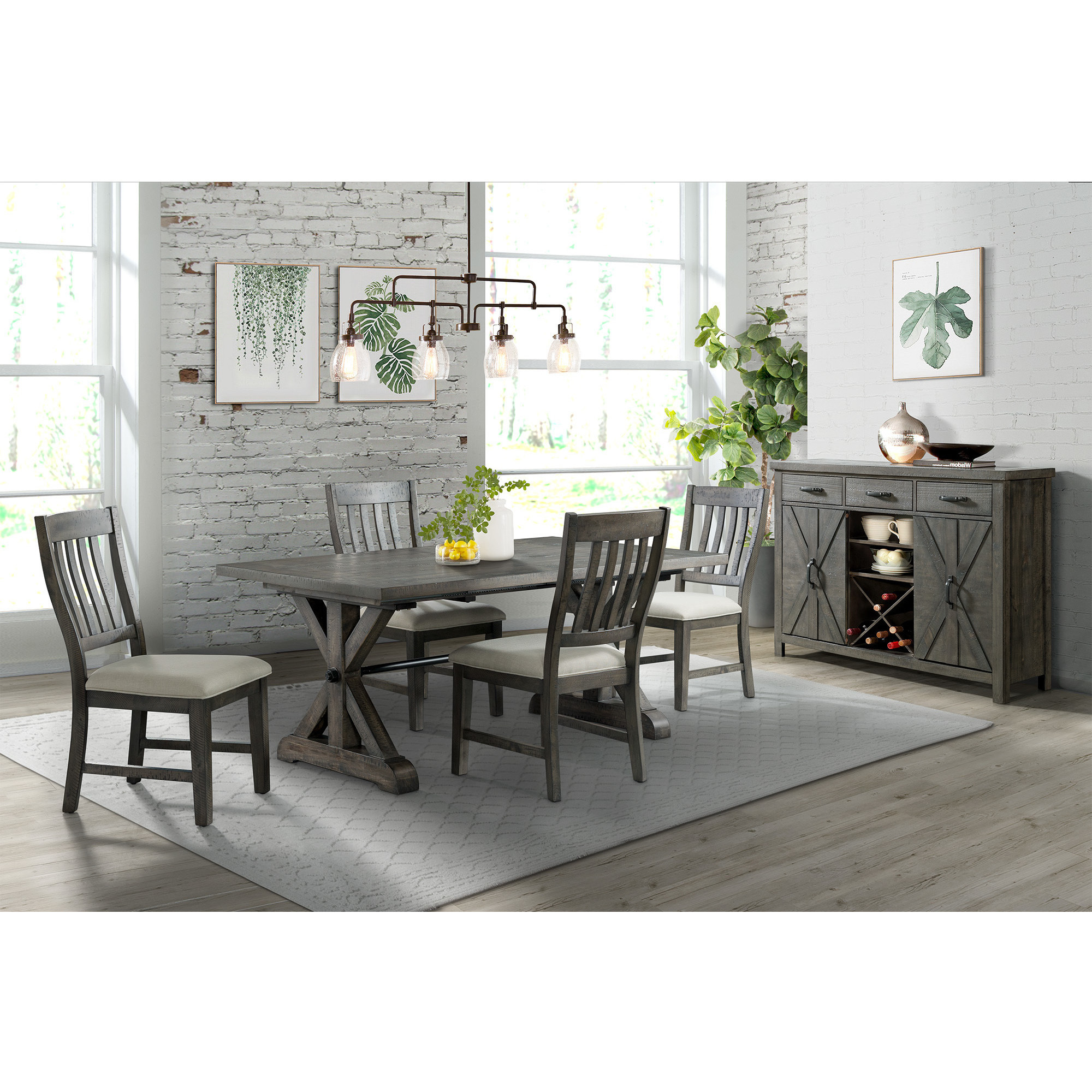 Sunset Trading Trestle 6 Piece Dining Set | 96" Rectangular Extendable Table | Sideboard with 20 Bottle Wine Rack | Distressed Gray Wood | 4 Upholstered Chairs | Seats 8