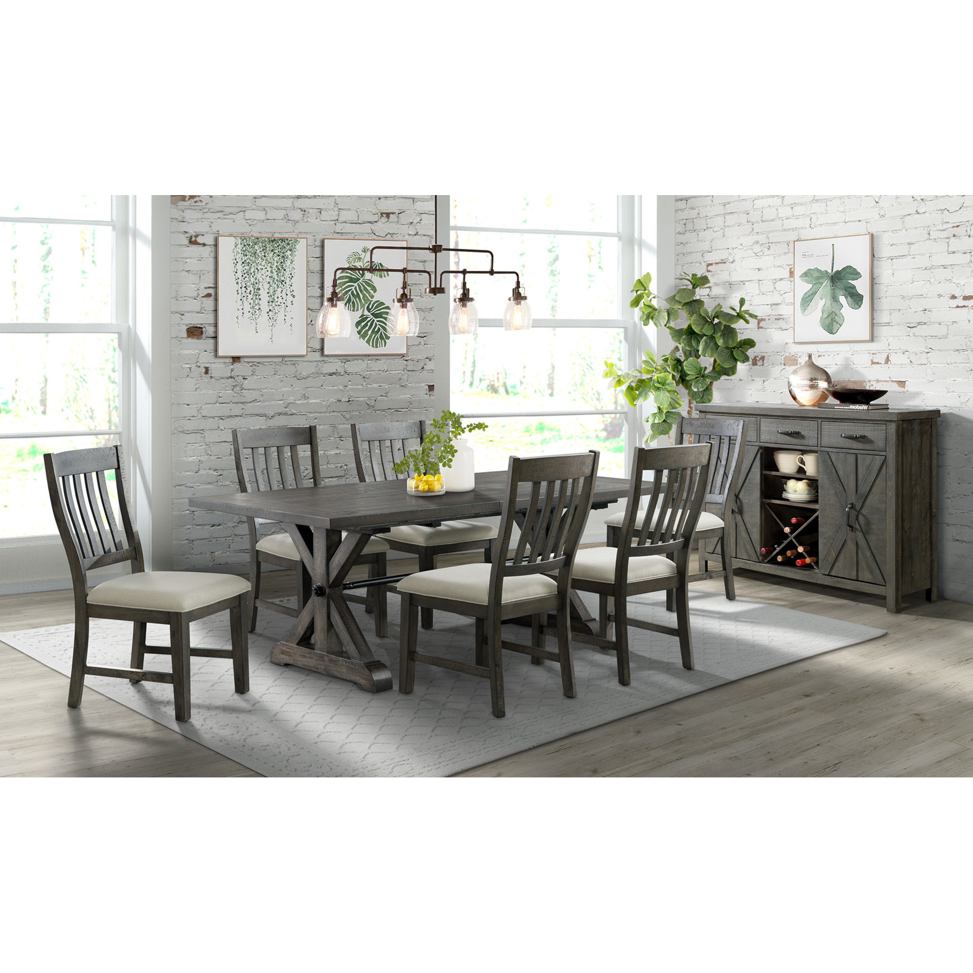 Sunset Trading Trestle 8 Piece Dining Set | 96" Rectangular Extendable Table | Sideboard with 20 Bottle Wine Rack | Distressed Gray Wood | 6 Upholstered Chairs | Seats 8