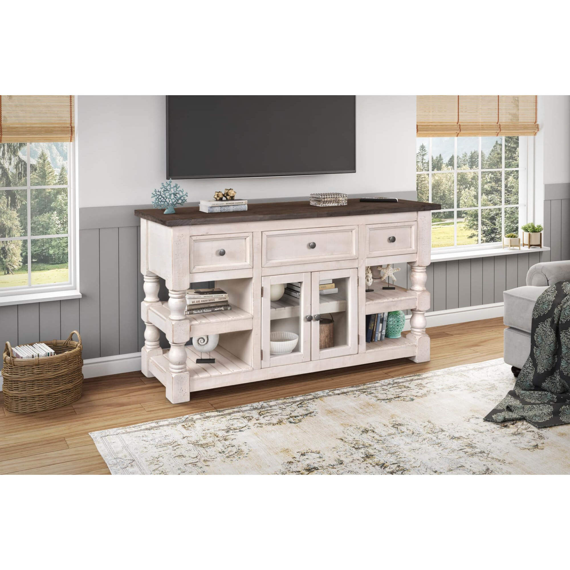 Sunset Trading Stowe Barn Door Console - Media Cabinet - TV Stand - Rustic Gray Solid Wood