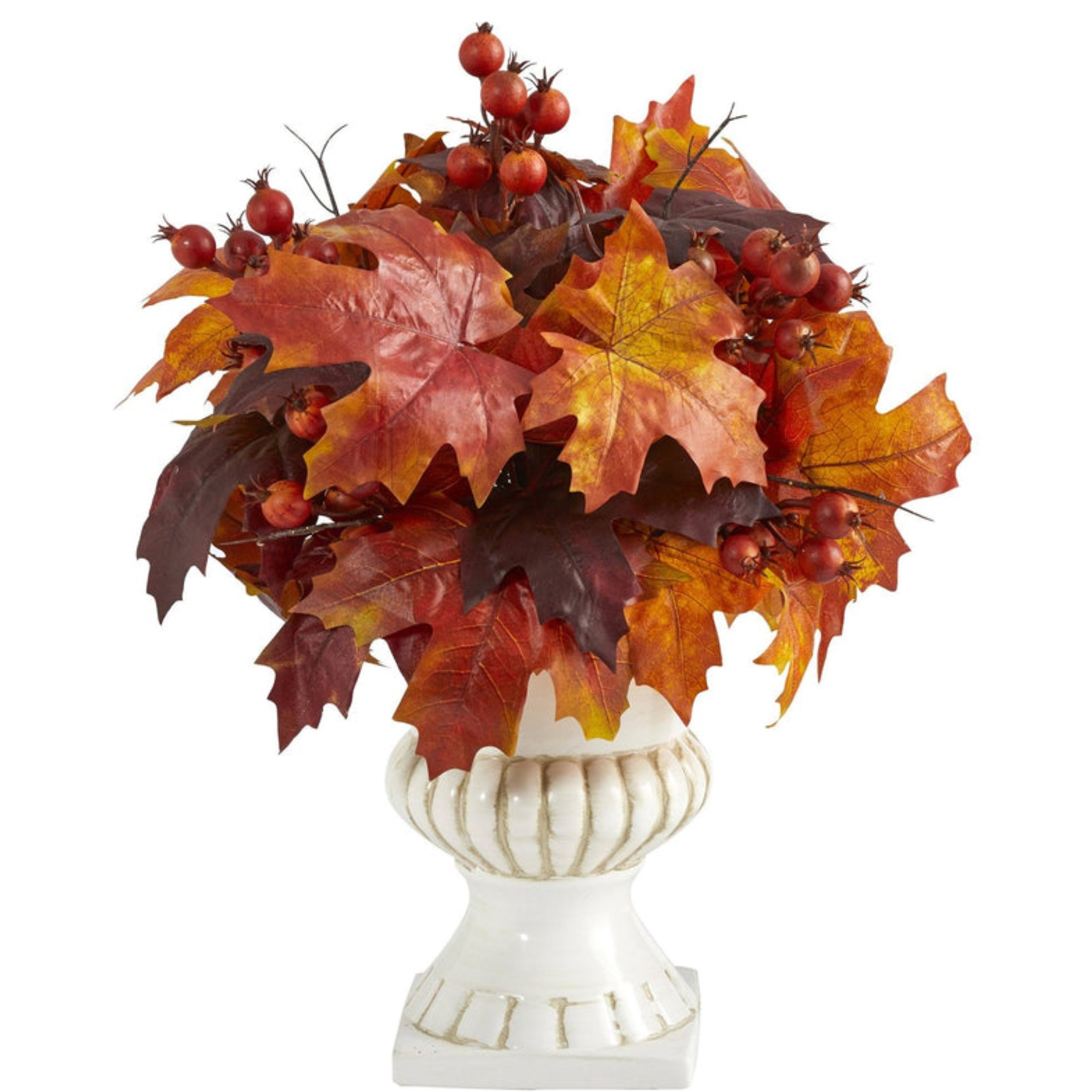 20 Autumn Maple Leaf and Berries Artificial Plant in White Urn