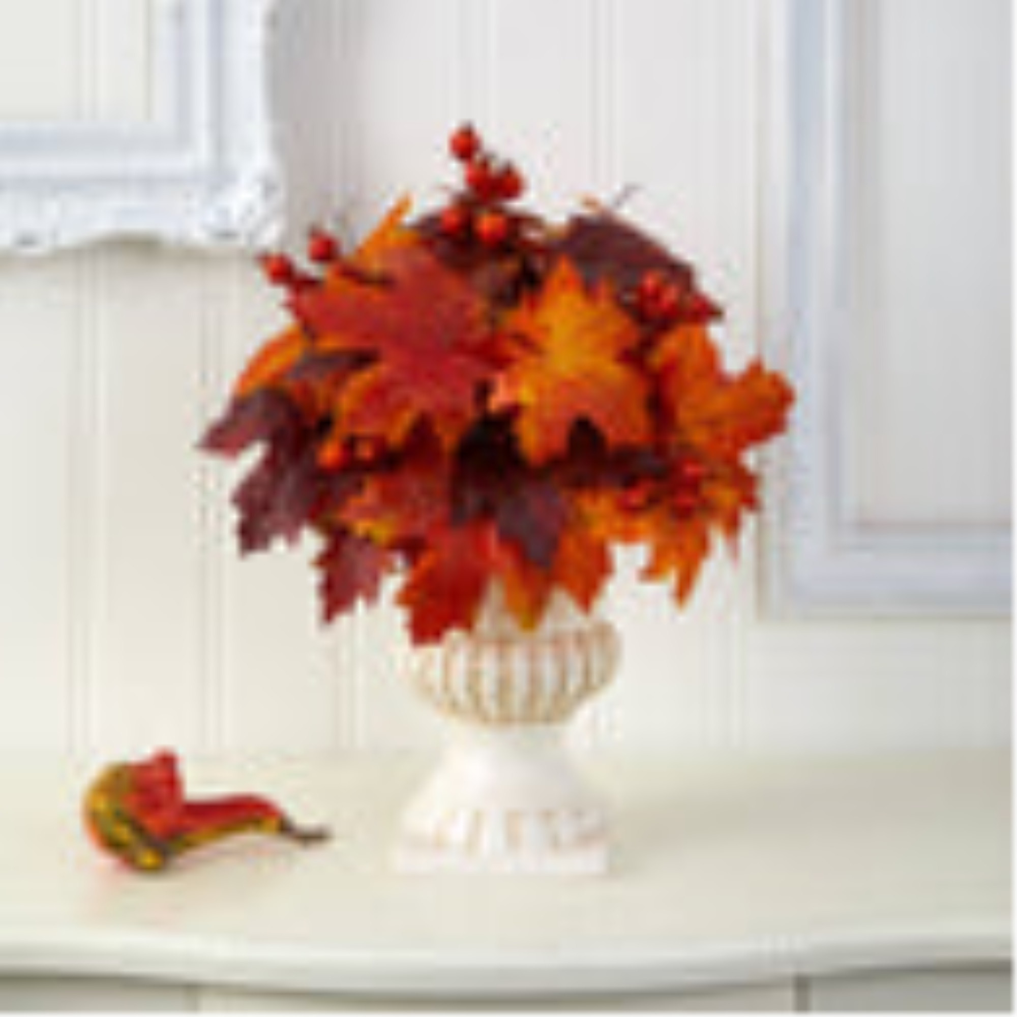 20 Autumn Maple Leaf and Berries Artificial Plant in White Urn