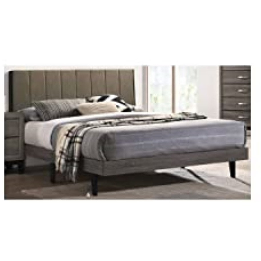 BD00571Q - Queen Bed, Brown Fabric & Weathered Gray Finish - Valdemar