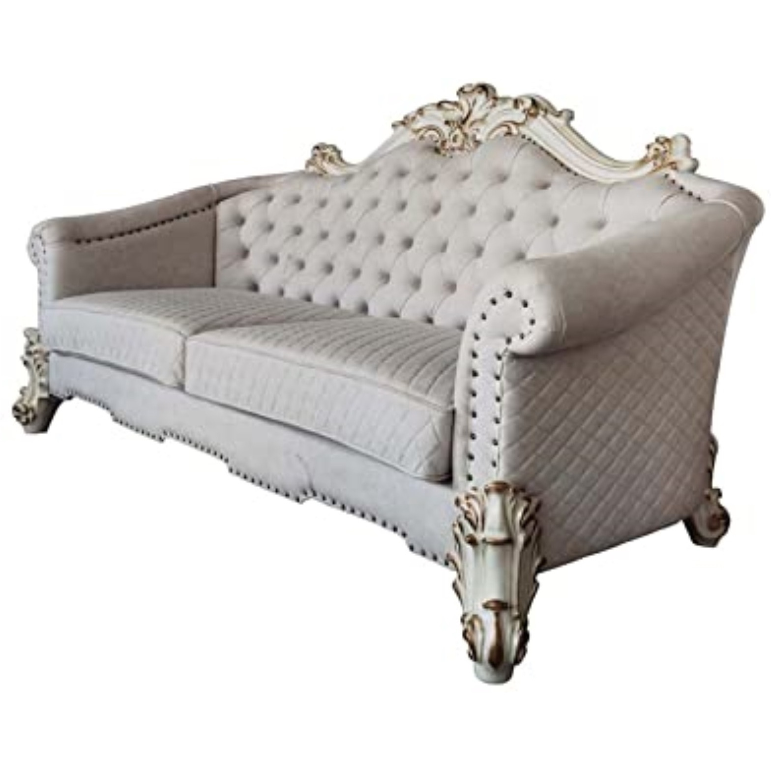 LV01329 - Sofa w/6 Pillows, Two Tone Ivory Fabric & Antique Pearl Finsih - Vendom II