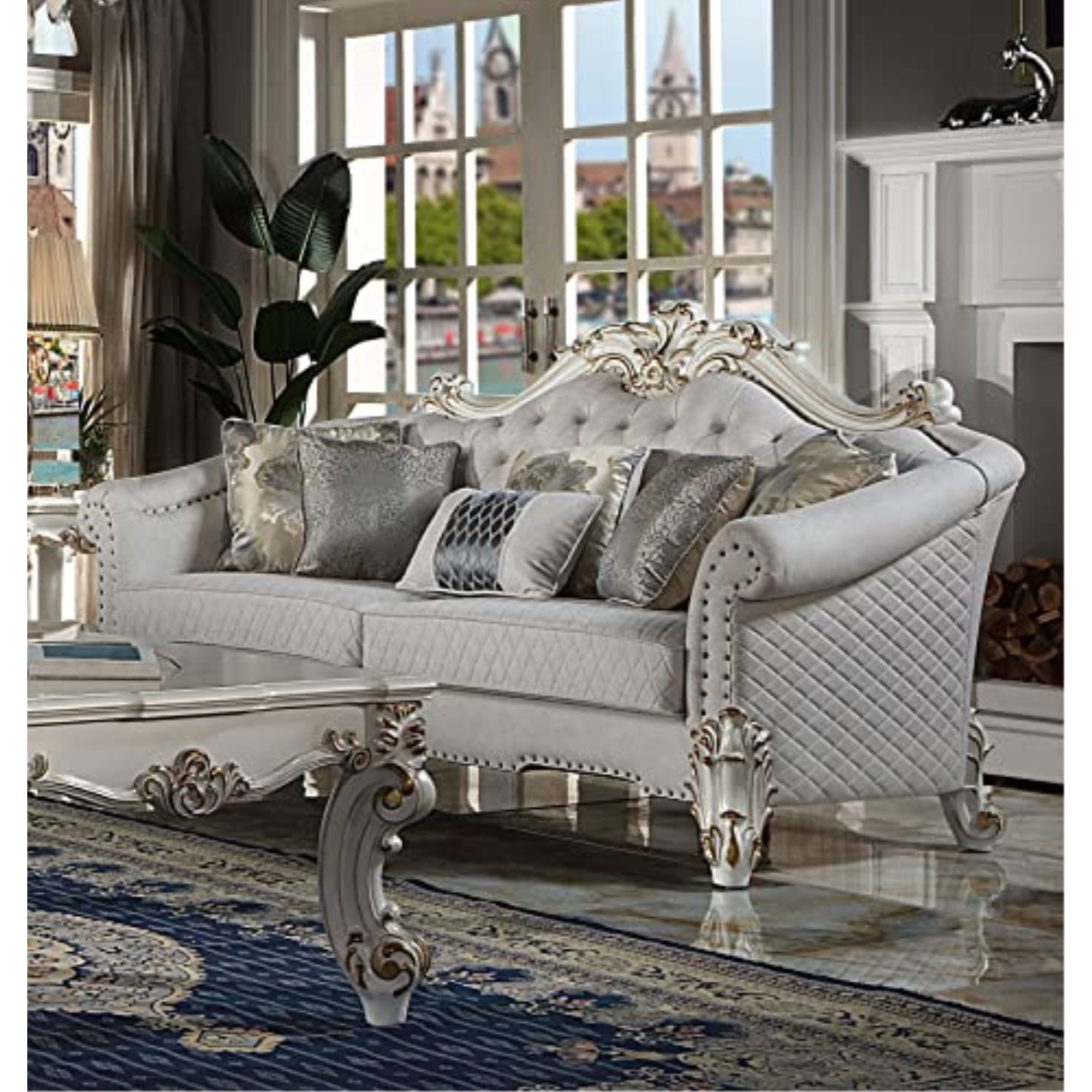 LV01329 - Sofa w/6 Pillows, Two Tone Ivory Fabric & Antique Pearl Finsih - Vendom II