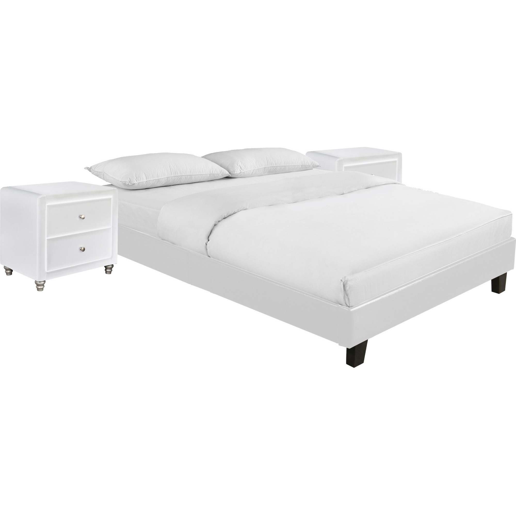 Acton Platform Bed, Queen, White with 2 Nightstands