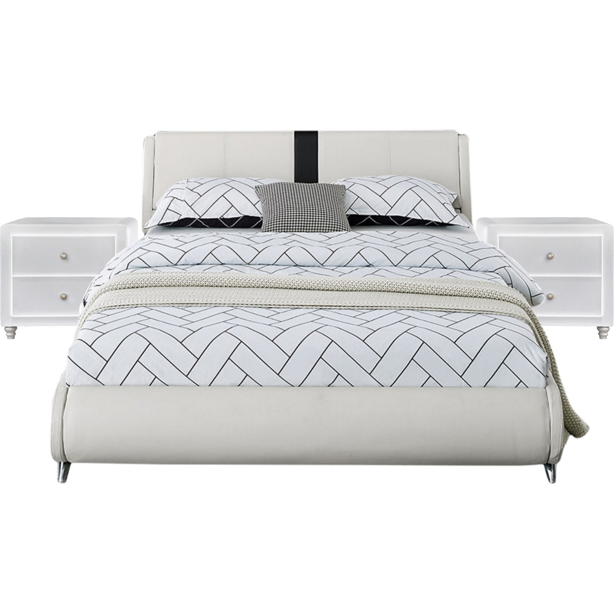 Carlton Platform Bed, Queen, White with 2 Nightstands
