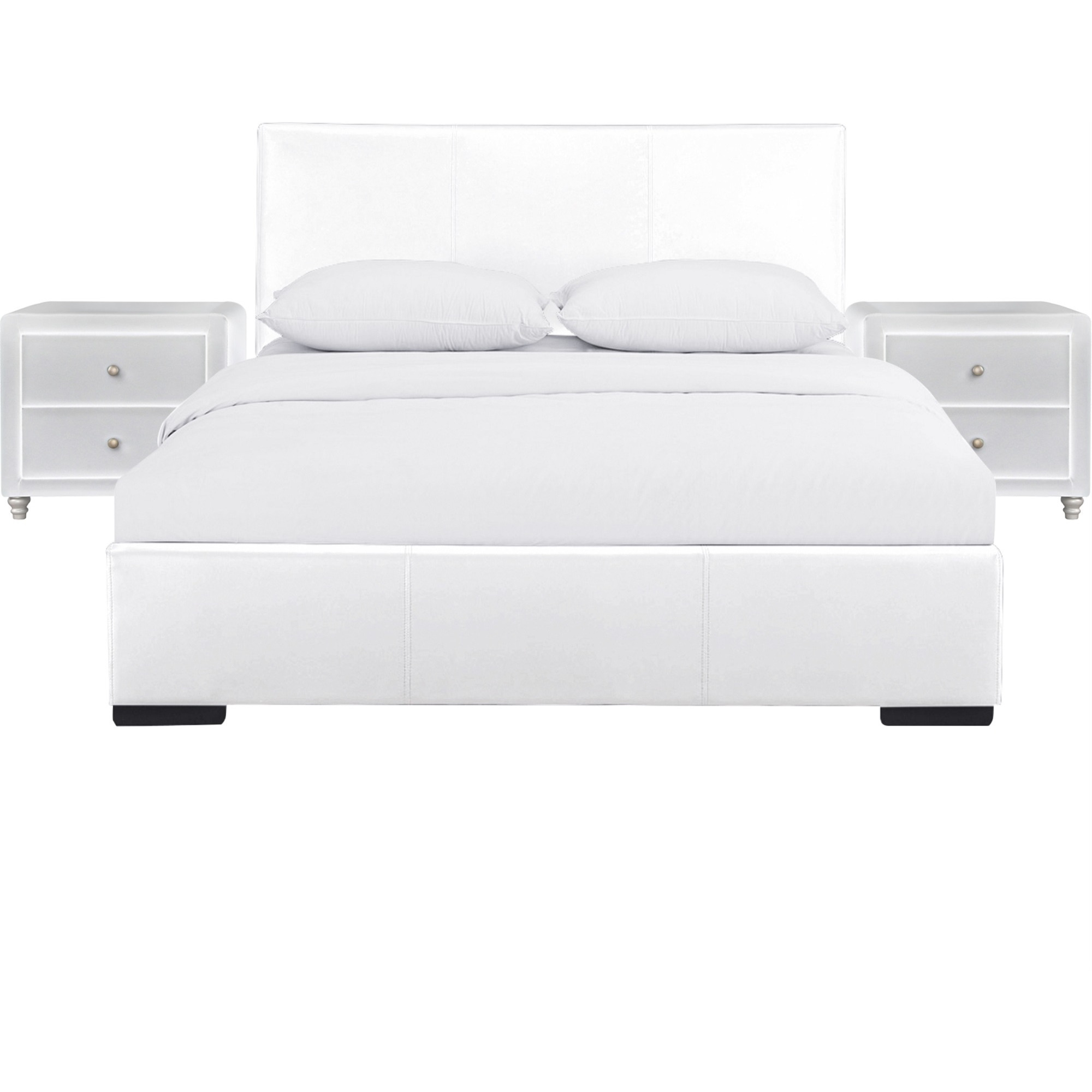 Hindes Upholstered Platform Bed, White, King with 2 Nightstands