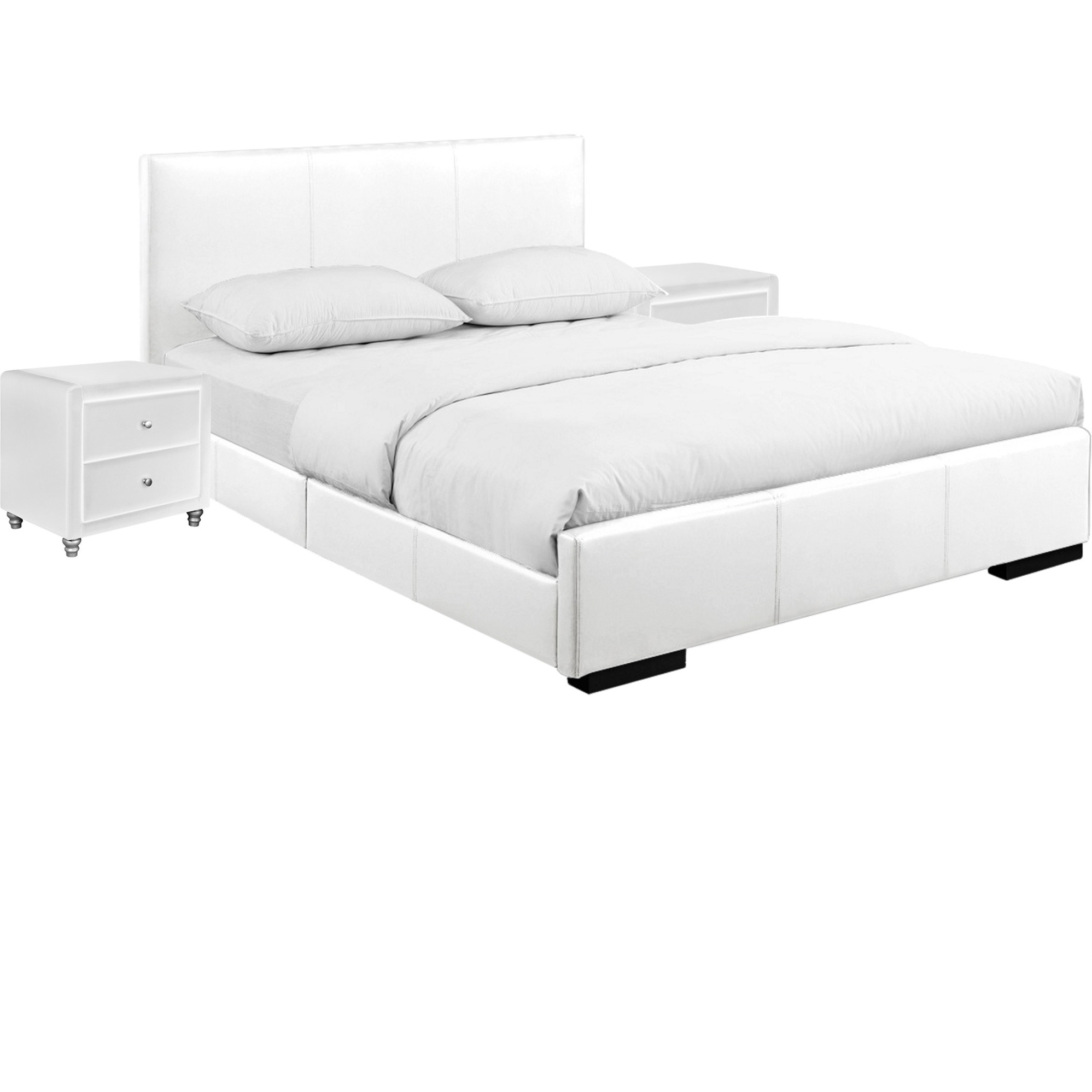 Hindes Upholstered Platform Bed, White, King with 2 Nightstands