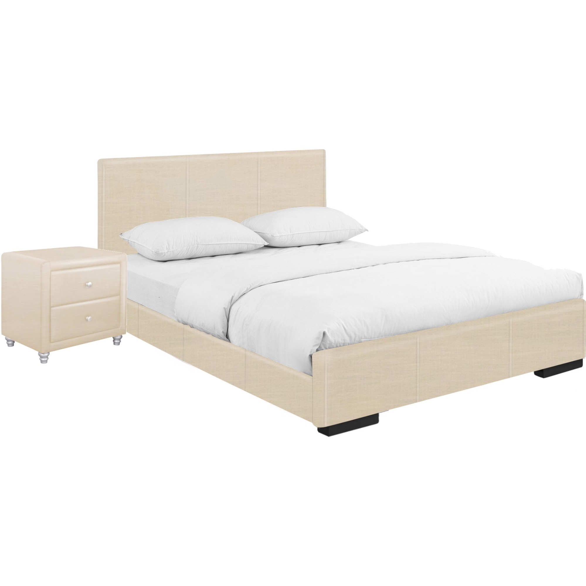 Hindes Upholstered Platform Bed, Beige, Full with 1 Nightstand