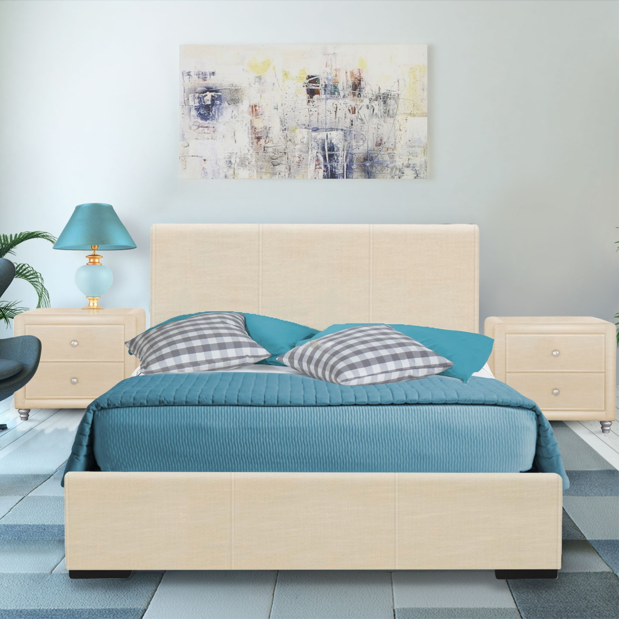 Hindes Upholstered Platform Bed, Beige, Full with 1 Nightstand