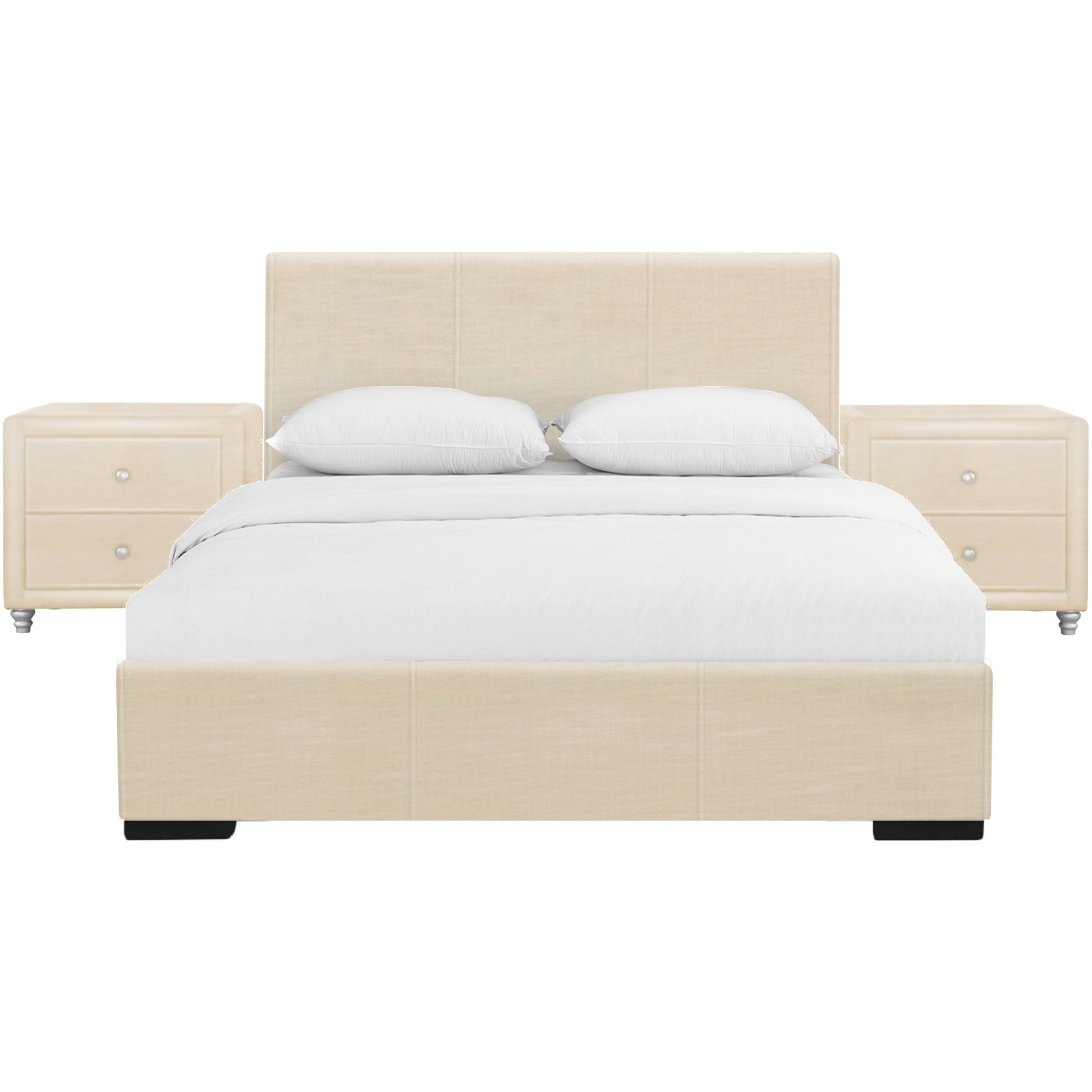 Hindes Upholstered Platform Bed, Beige, Queen with 2 Nightstands