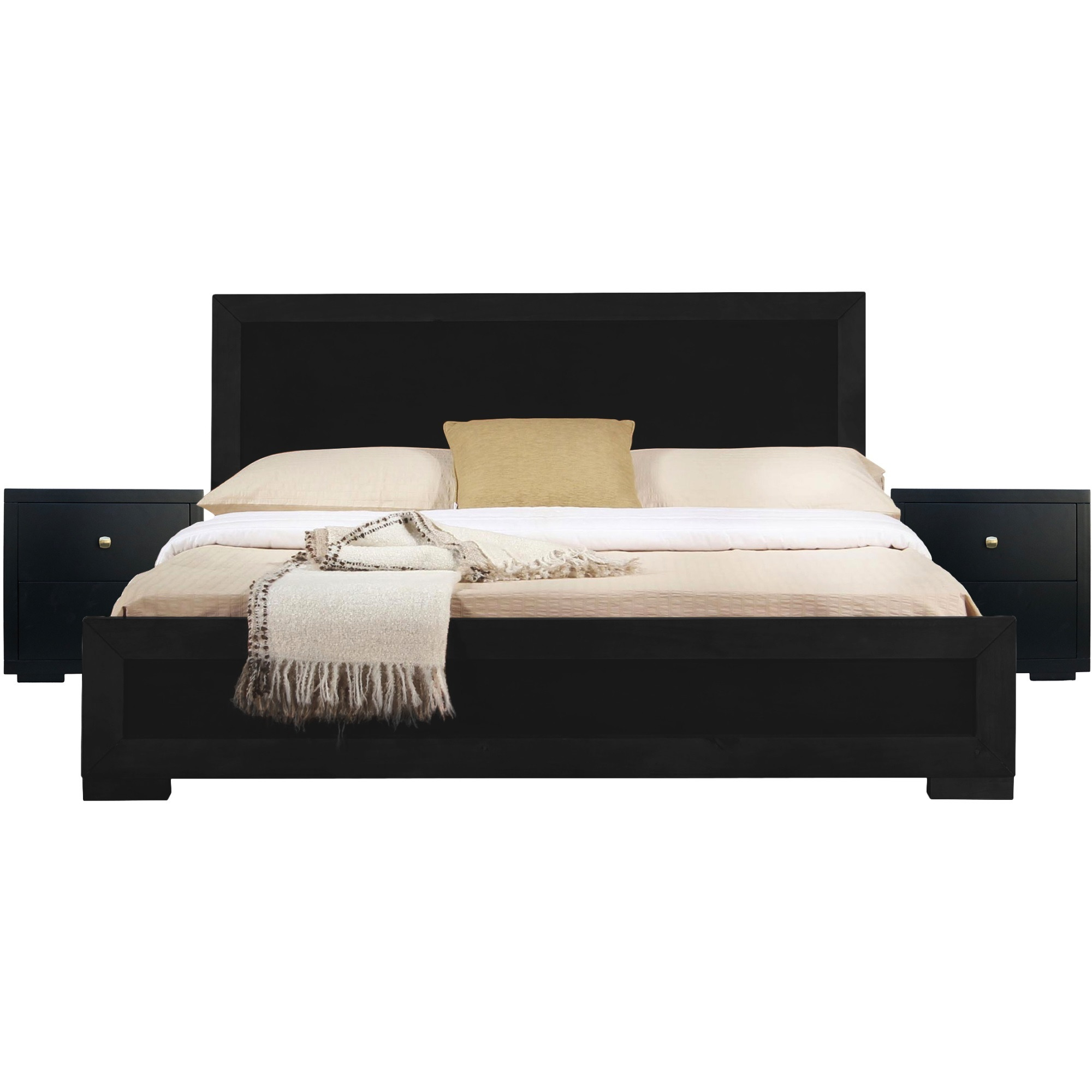 Trent Wooden Platform Bed in Black, Queen with 2 Nightstands
