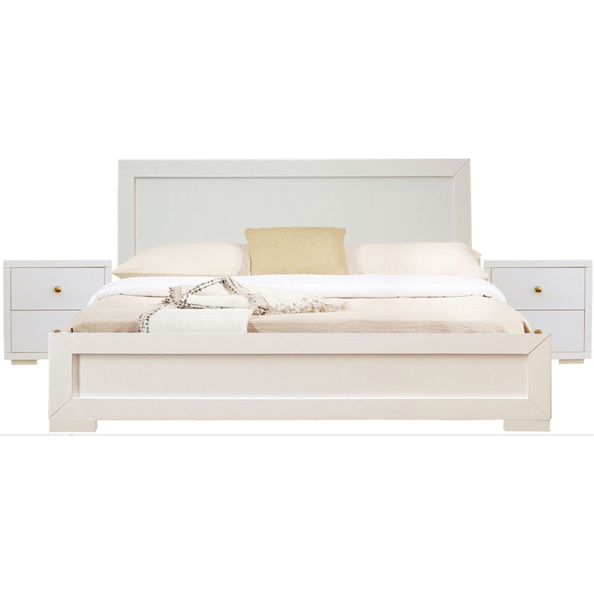 Trent Wooden Platform Bed in White, Queen with 2 Nightstands